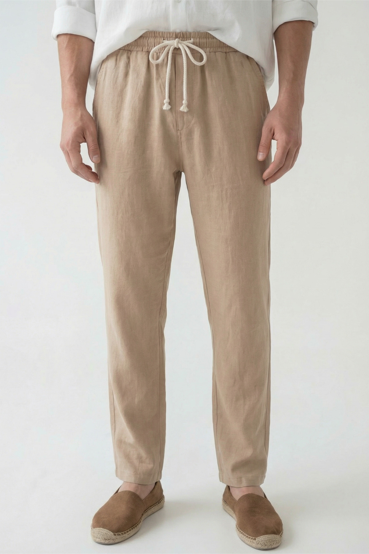 Men's Palazzo Pants Beige Wide Leg High Waist with Back Pockets