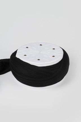 Sarıkhane Talebe Sarığı - Siyah Kumaş - Beyaz Takke - Çapraz Sarım - Kuş Gözü...