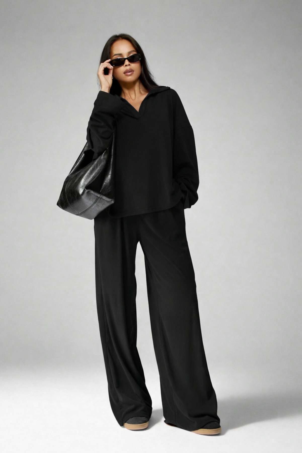 Women's Black Modal Fabric Oversize Tracksuit Shabby Casual Bottom Top Set