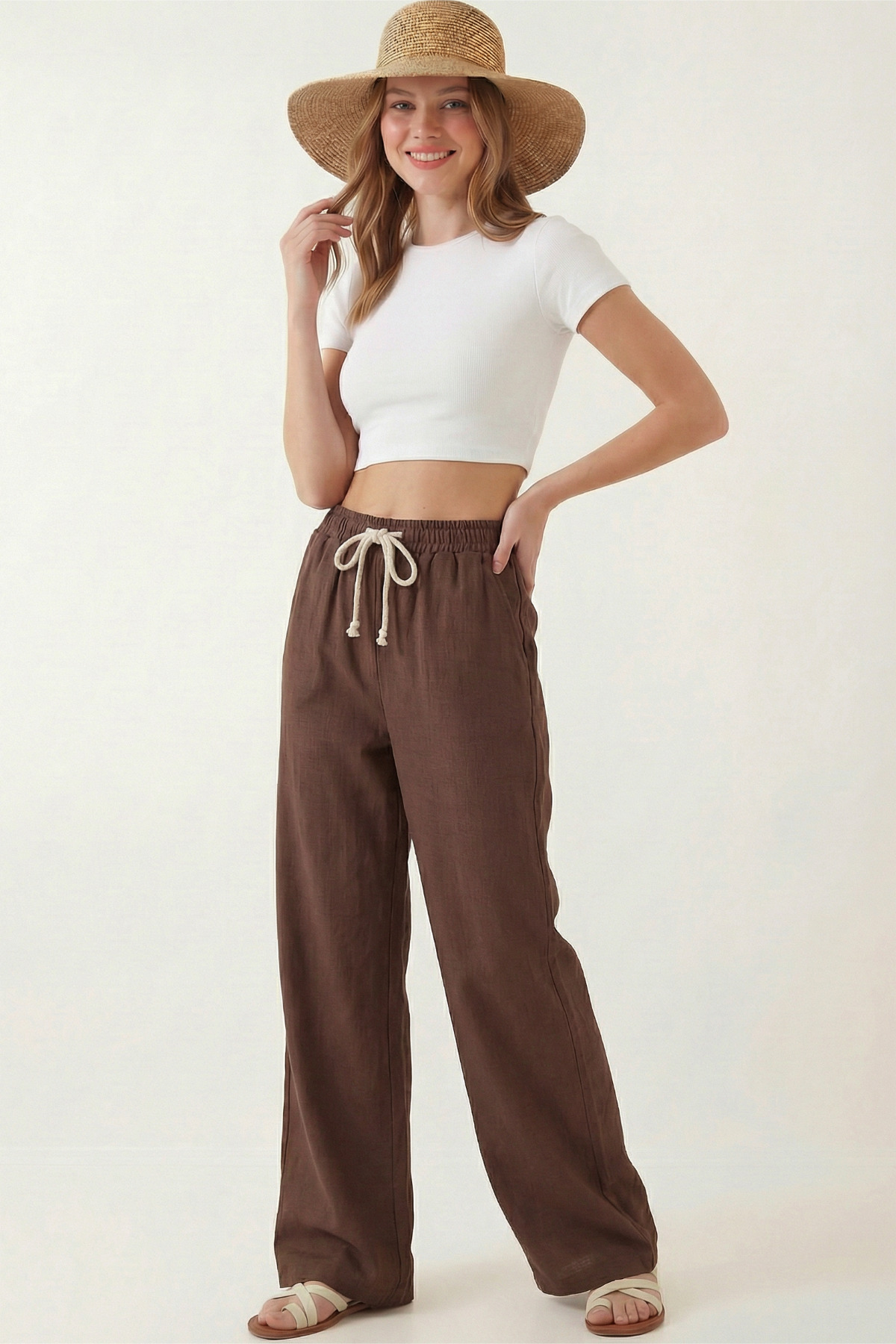 Veleno  Kadın Palazzo Pantolon Müslin Kahverengi Geniş Paça Yüksek Bel - Görsel 5