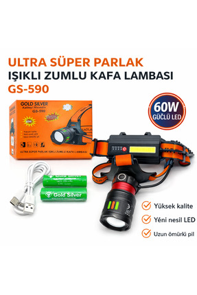 farissu Gold Silver GS-590 60W 6000 Lümen Ultra Güçlü Zumlu Şarjlı Kafa Lambası