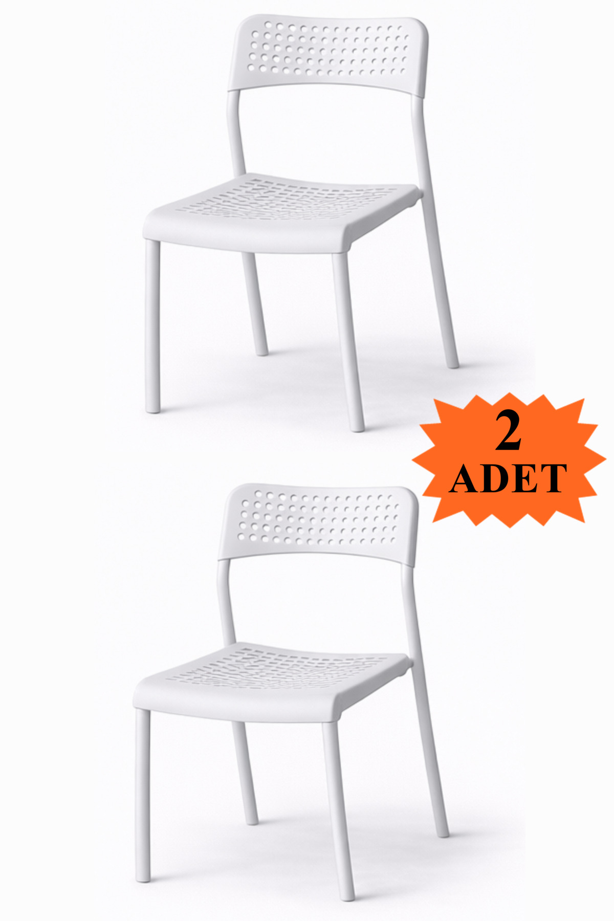 2-Piece Mari White Kitchen Chair and Balcony Chair with Plastic Seating Area, Metal Legs, Garden