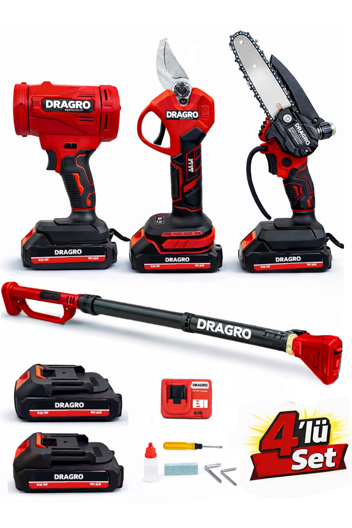 Dragro 4'Lü Set Şarjlı Makas + Otomatik Yağlı Testere + Yaprak