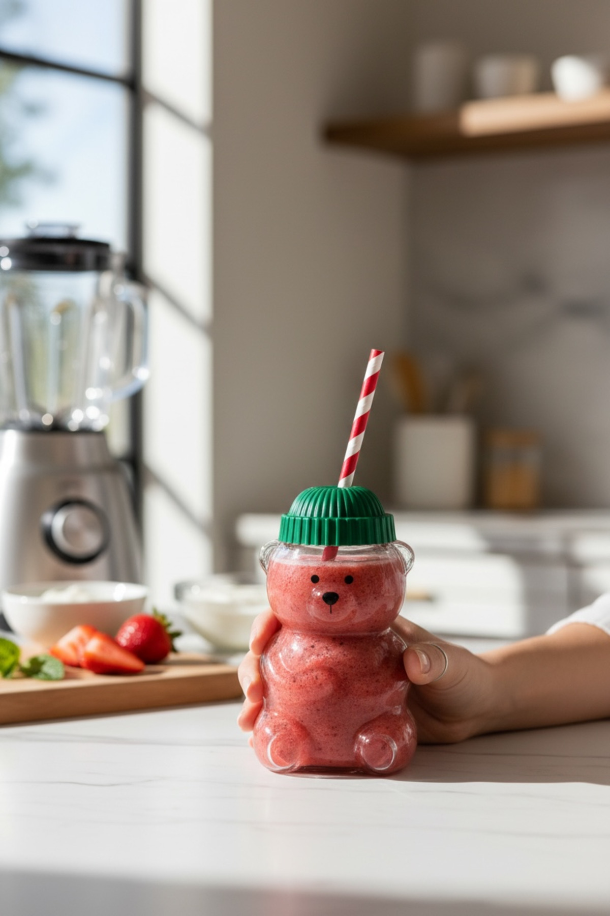 Teddy Bear Ayıcıklı Yeşil Şapka Kapaklı Kırmızı Pipetli Barista Cam Bardak/ Ayıcıklı Fenomen Bardak