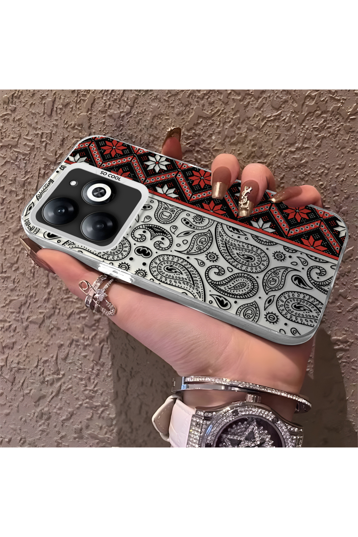 Infinix Hot 40i Compatible Rug Patterned Silicone Edge Hard Back Anti Fall Phone Case