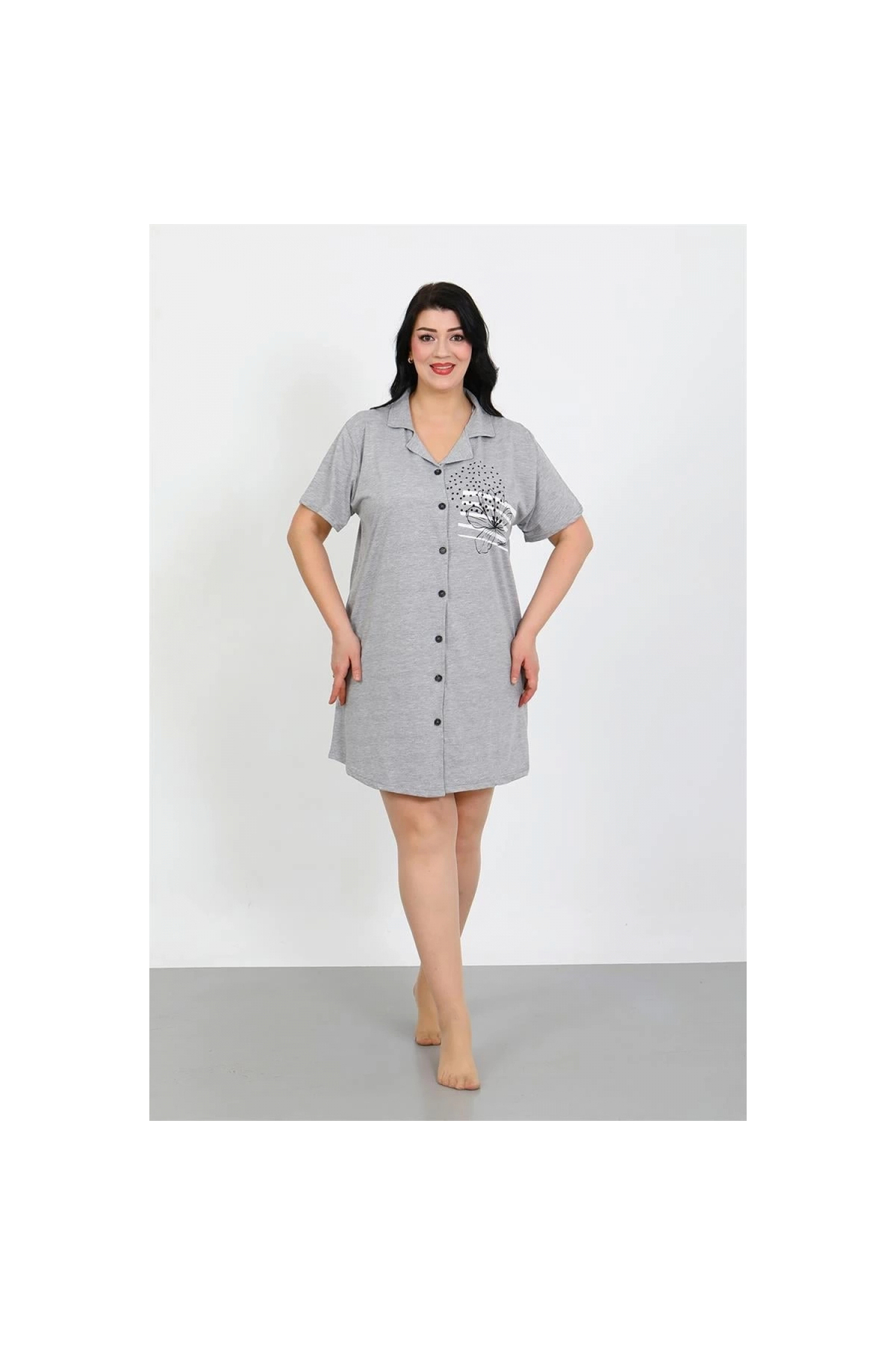 Narnuga MİRAY- Büyük Beden Penye Düğmeli Gri Tunik Gecelik
