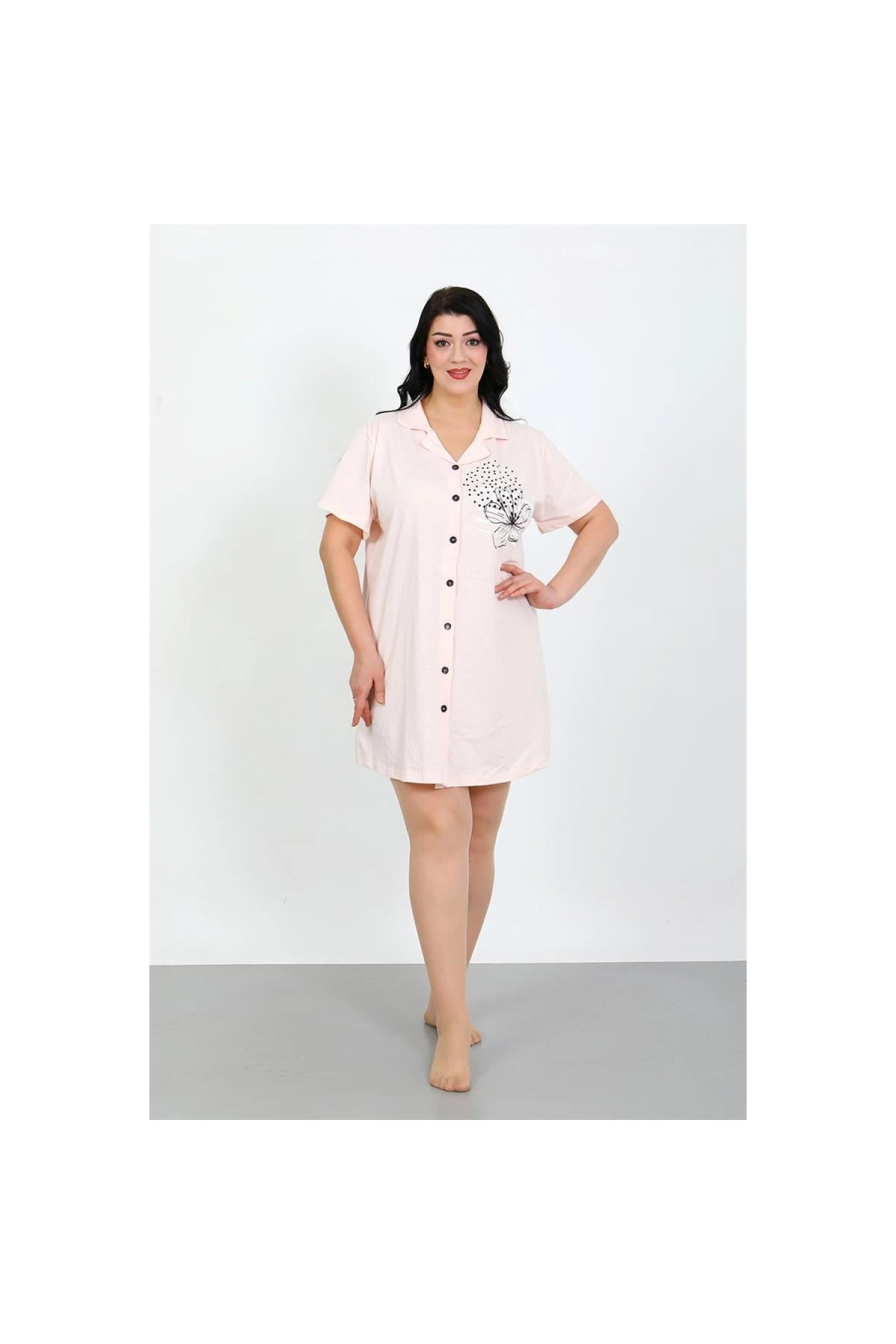 Narnuga MİRAY- Büyük Beden Penye Düğmeli Pudra Tunik Gecelik