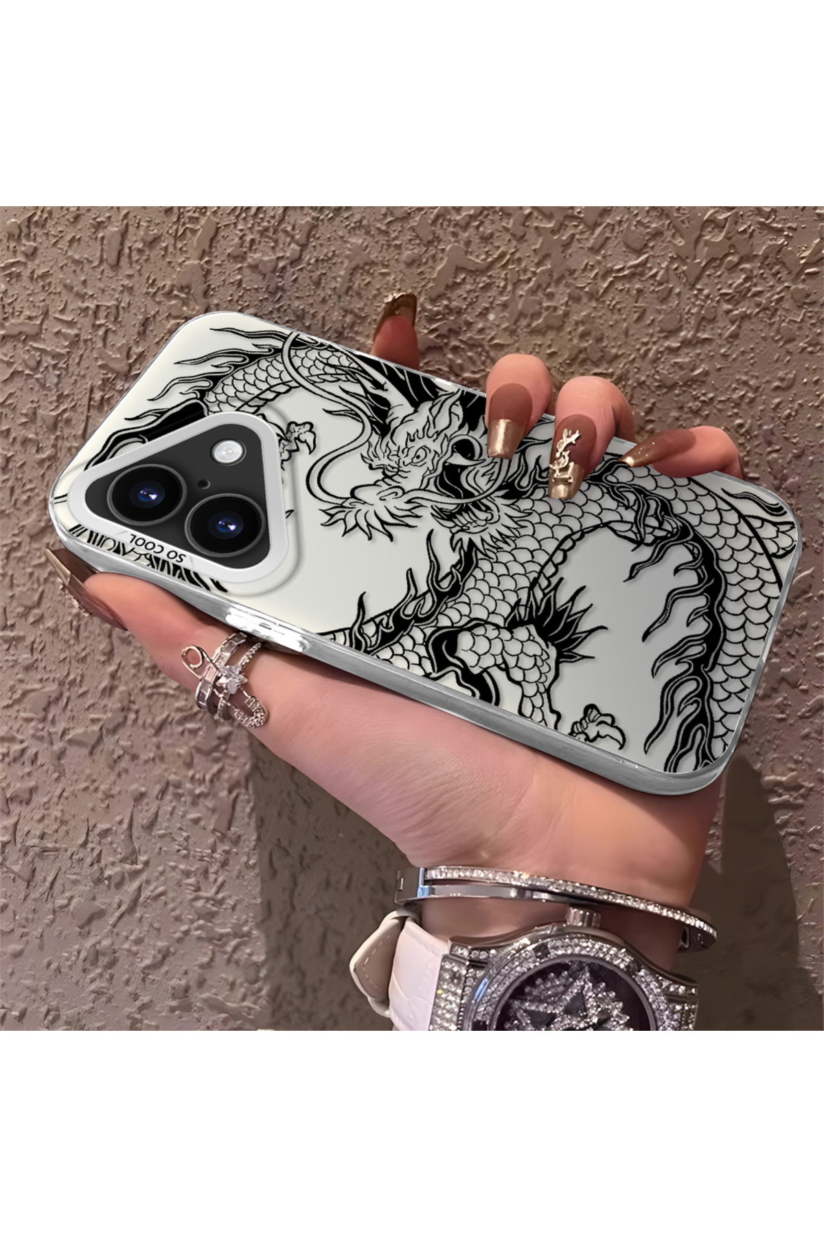 iPhone 16 Compatible Silicone Edge Hard Rear Anti Fall Phone Case with Dragon Pattern