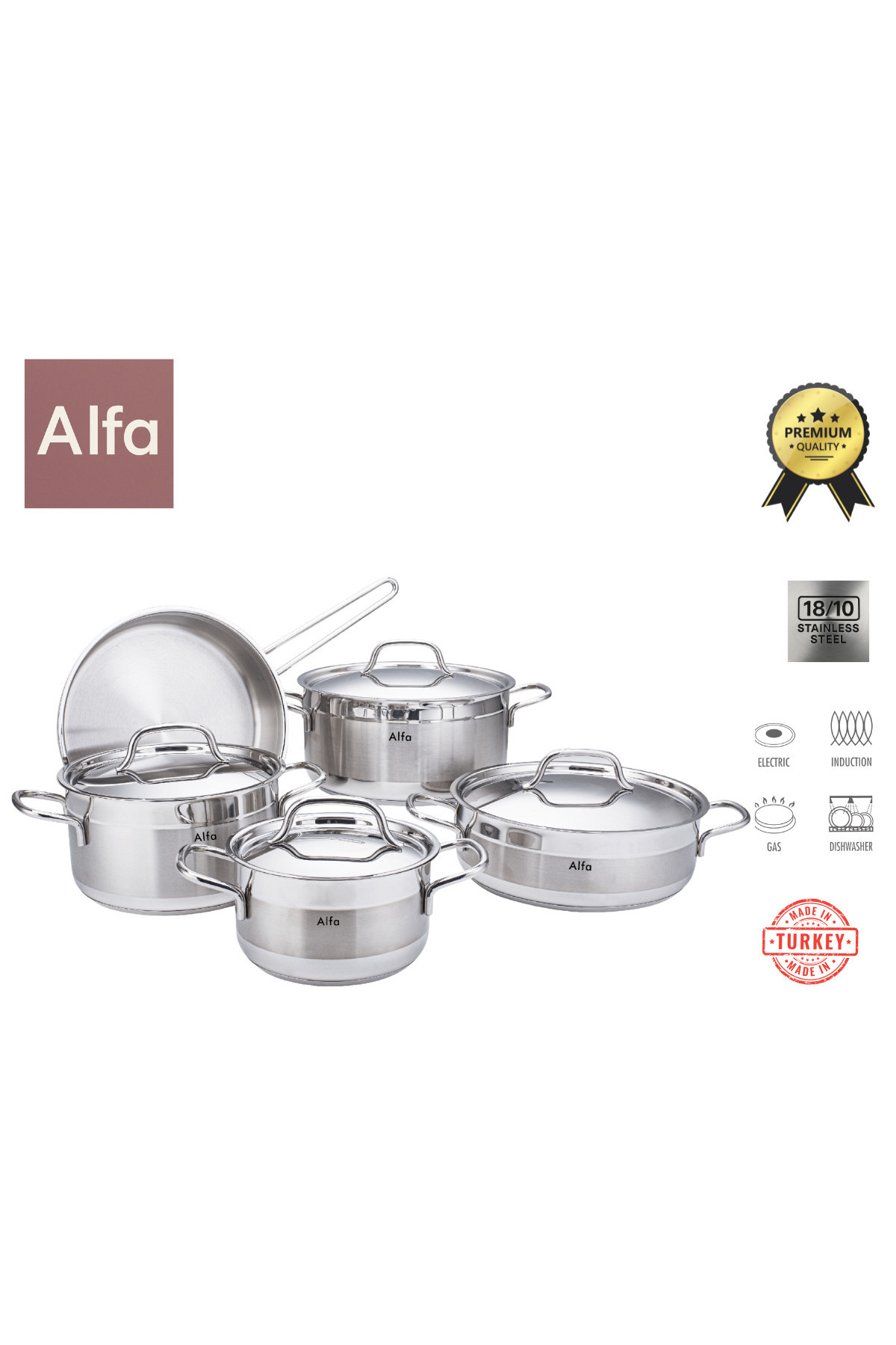 Alfa 9-Piece Cookware Set - 18/10 Cr-Ni Stainless Steel - 3 Deep Pots - 1 Low...