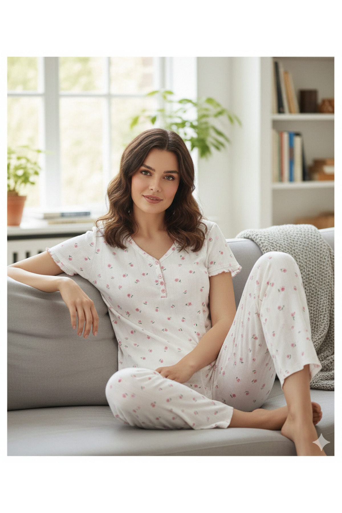 İpek Women's Short Sleeve V-Neck 3 Button Detailed 100% Cotton Violet Pattern Ribbed Pajama Set