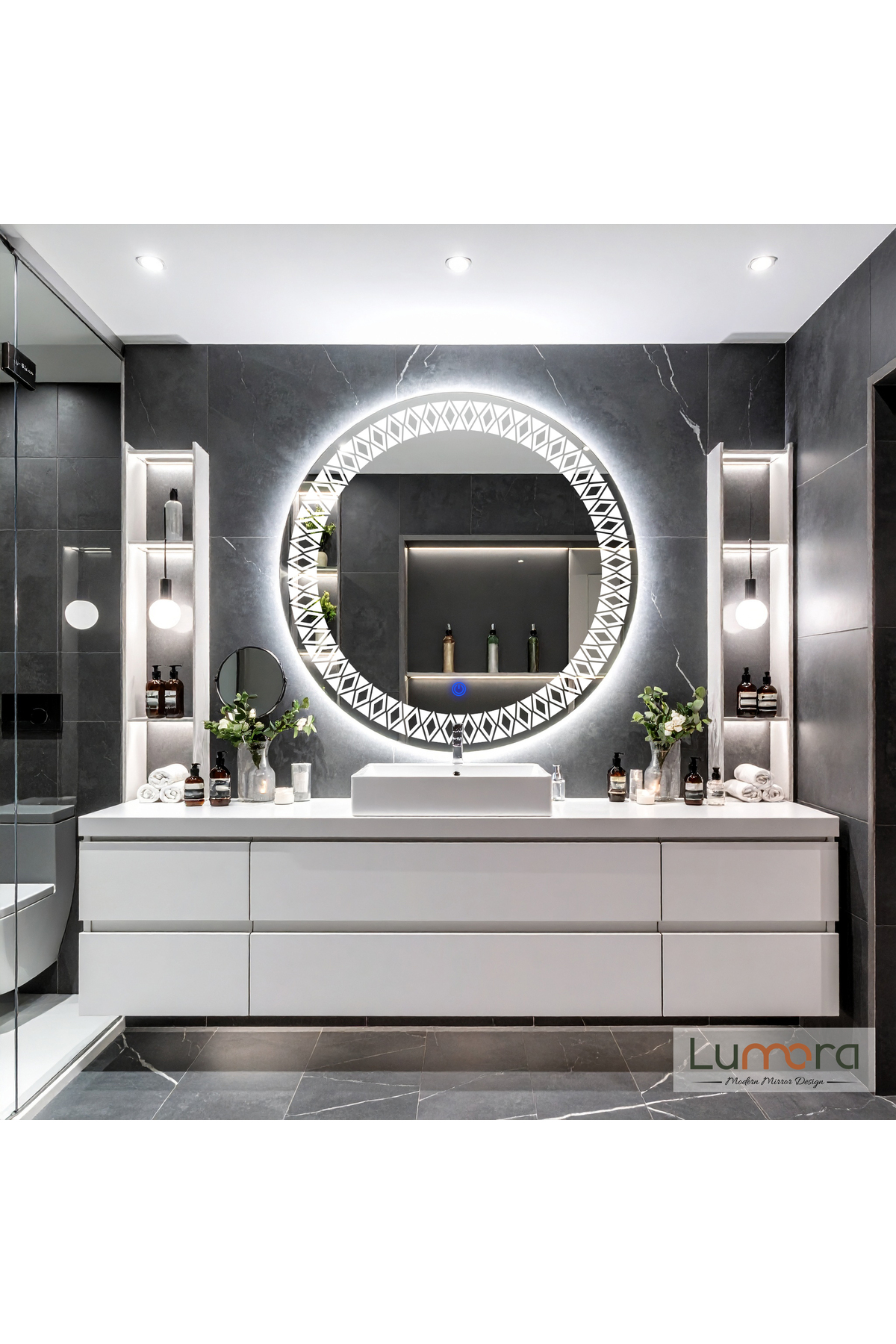 Velmira Laser Sandblast Washbasin & Bathroom Mirror with White Led (Touch Sensor)
