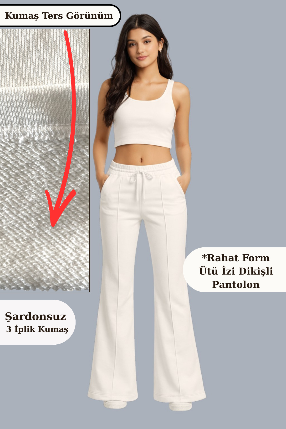 Fancy & Fun  Kadın Bol Paça Çımalı 4 Mevsimlik Beli Lastikli Yan Cepli 3 İplik Kumaş Eşofman alt - Görsel 7