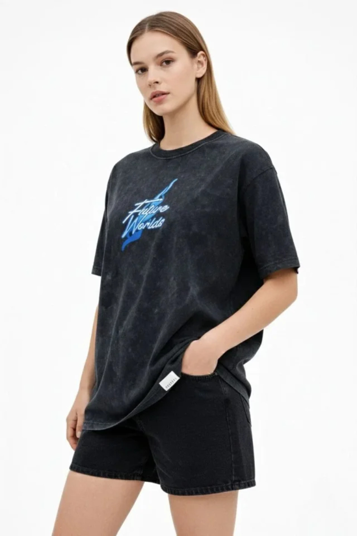 Asit Yıkamalı Oversize Tişört Future Worlds Baskılı Bisiklet Yaka Kısa Kollu Streetwear