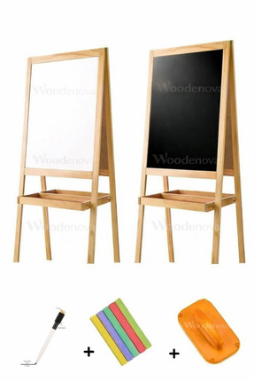 Woodenova Çift Taraflı Ayaklı Ahşap Çocuk Yazı Tahtası Kalem Silgi Tebeşir He...