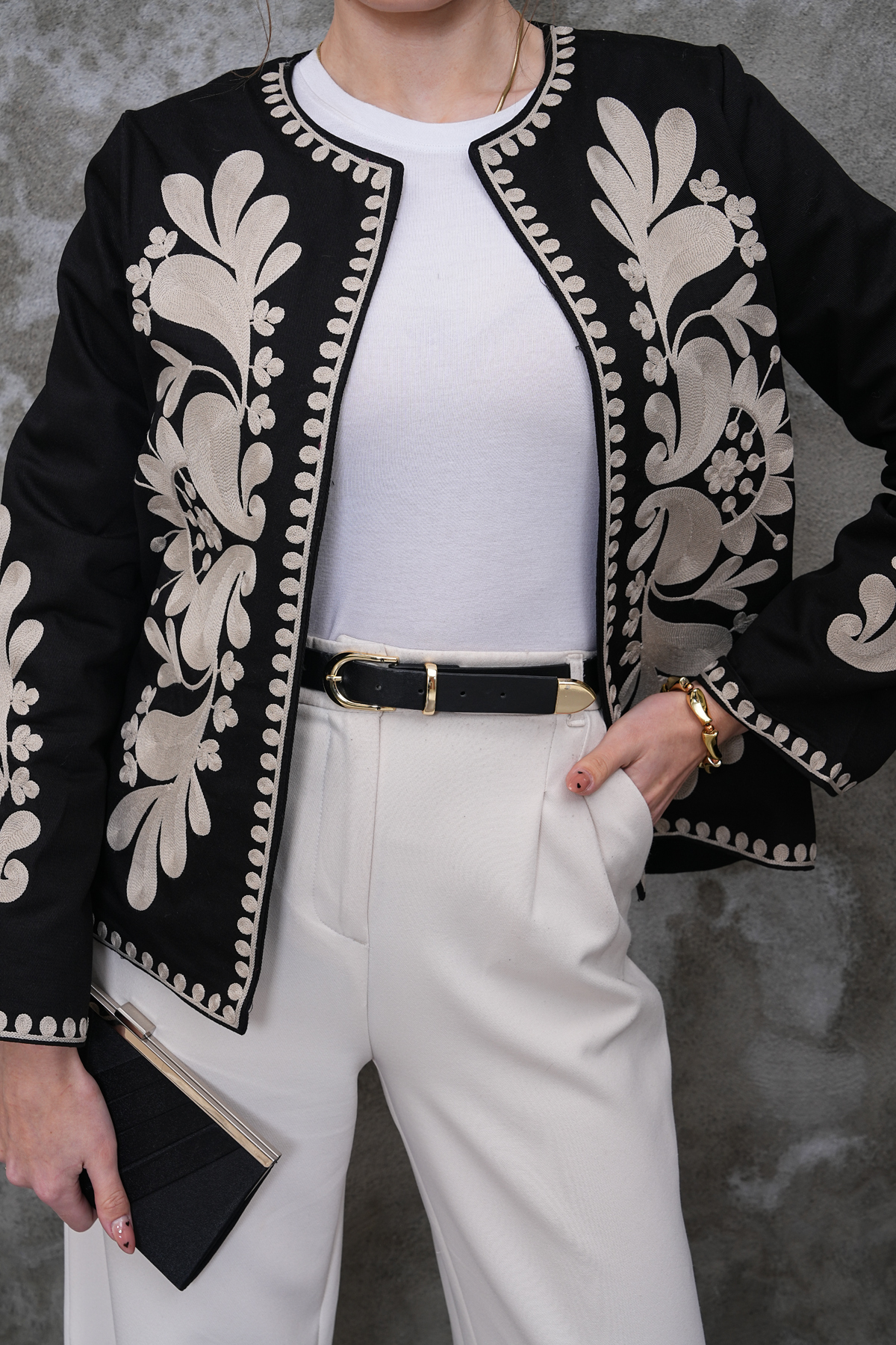 FancyWorld  Siyah Bej Desenli Nakış İşlemeli Vintage Ceket - Görsel 2