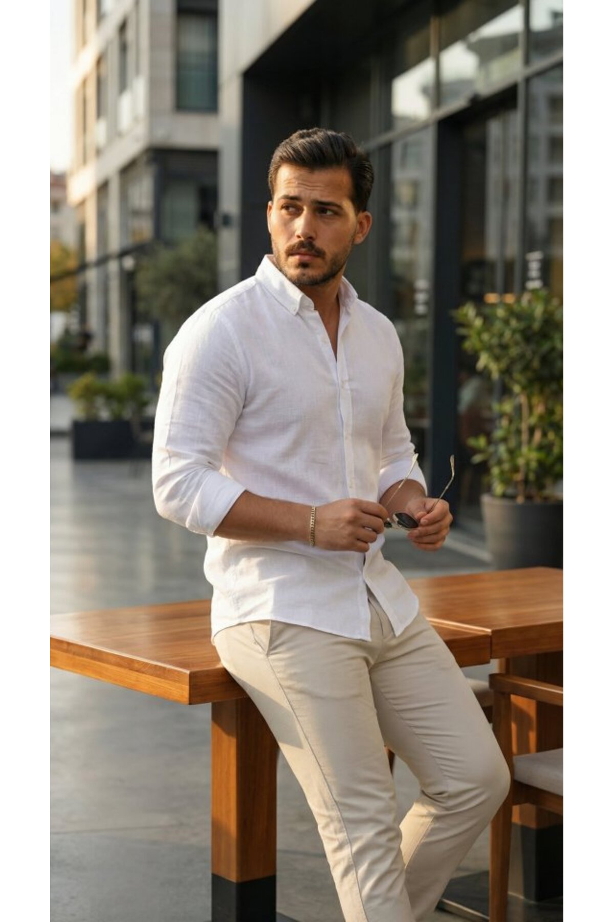 GETFAY Erkek Uzun Kollu Rahat Keten Gömlek-Beyaz fotoğrafı 2 (önizleme)