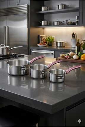 Funny Life Paslanmaz Çelik 3’lü Sos Tenceresi Seti-Çelik Sütlük ve Sosluk Seti