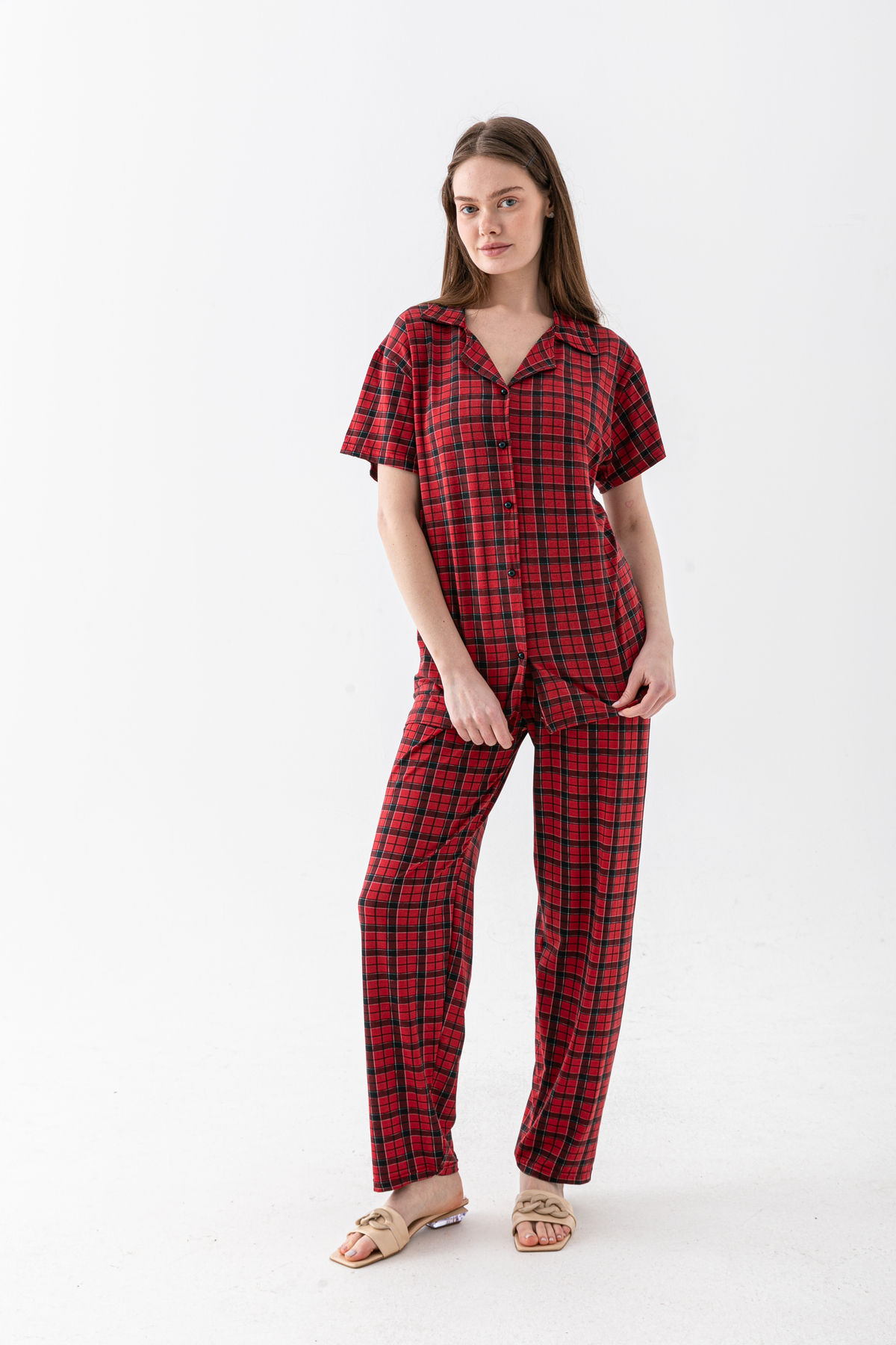 Wega Moda Women's Plaid Patterned 100% Cotton Shirt Collar Short Sleeve Buttoned Pajama Set