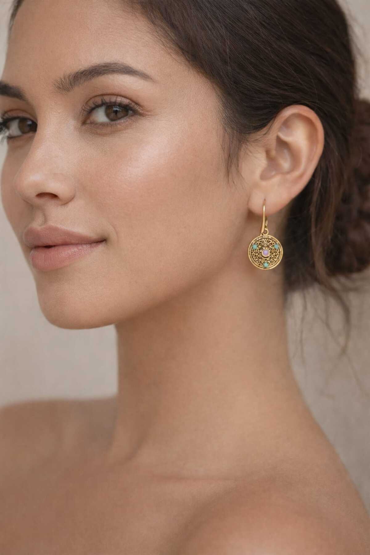 Beren Anatolian Motif Turquoise Lilac Stone Detailed Ethnic Women's Earrings