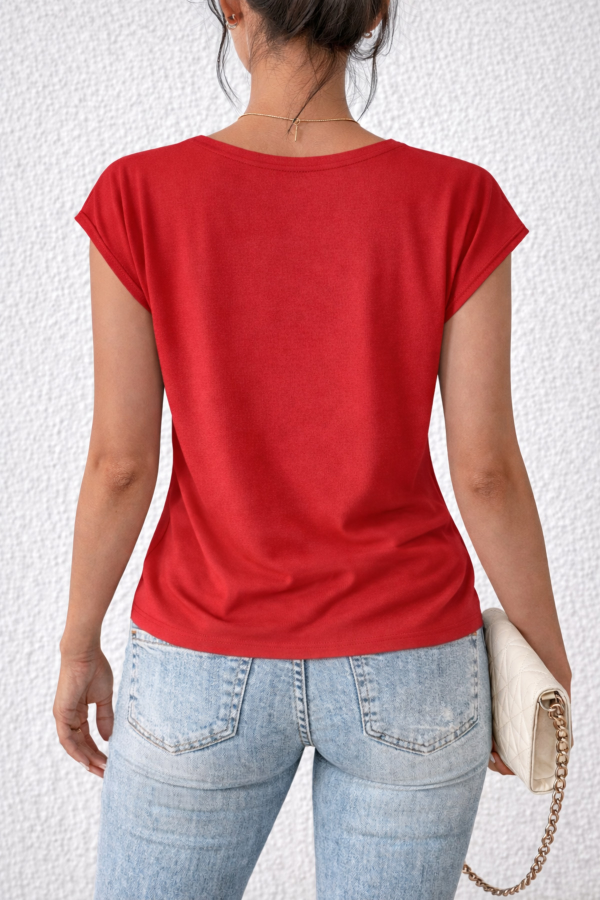 Deocept  Kadın V-Yaka Basic Baskısız Rahat Kalıp T-Shirt - Görsel 2