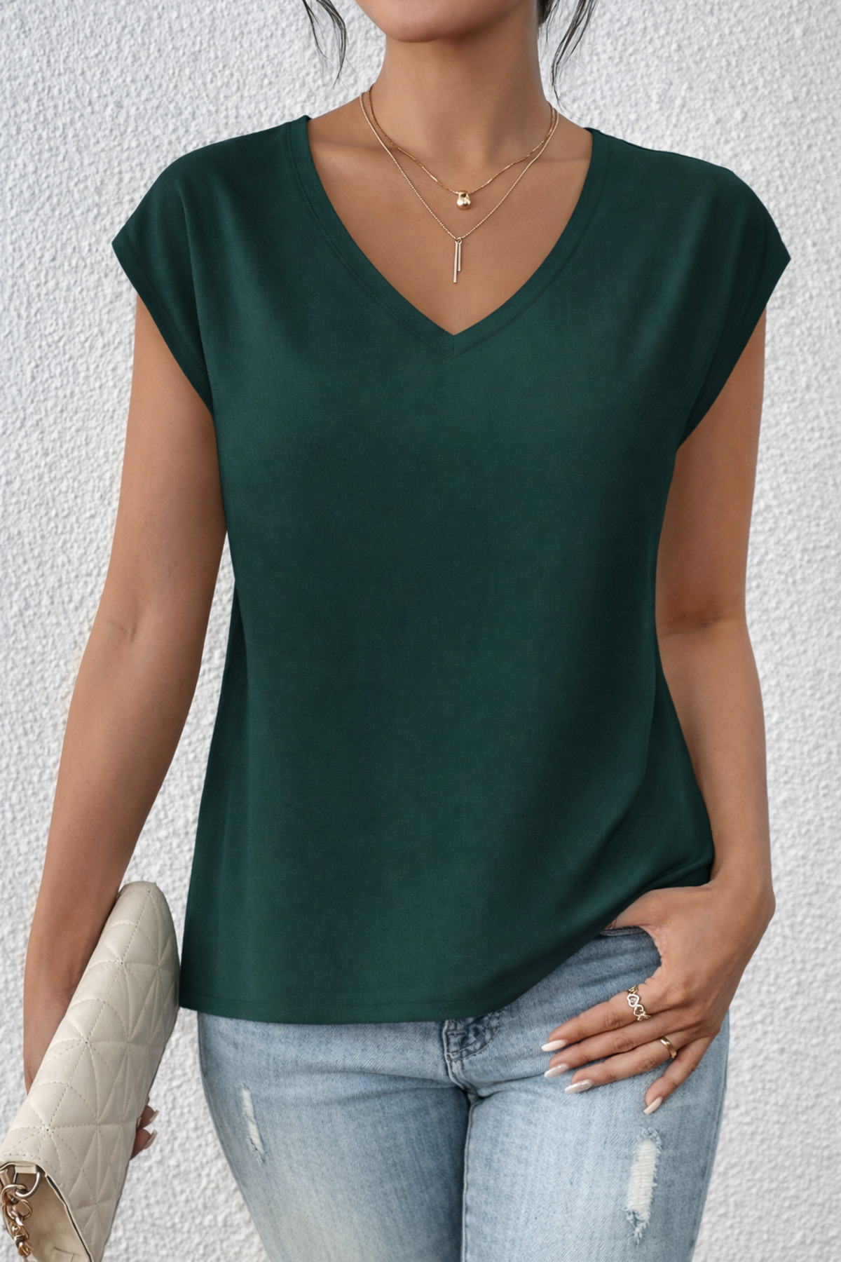 Deocept Γυναικείο μπλουζάκι με λαιμόκοψη V, βασικό, χωρίς στάμπα, άνετη εφαρμογή