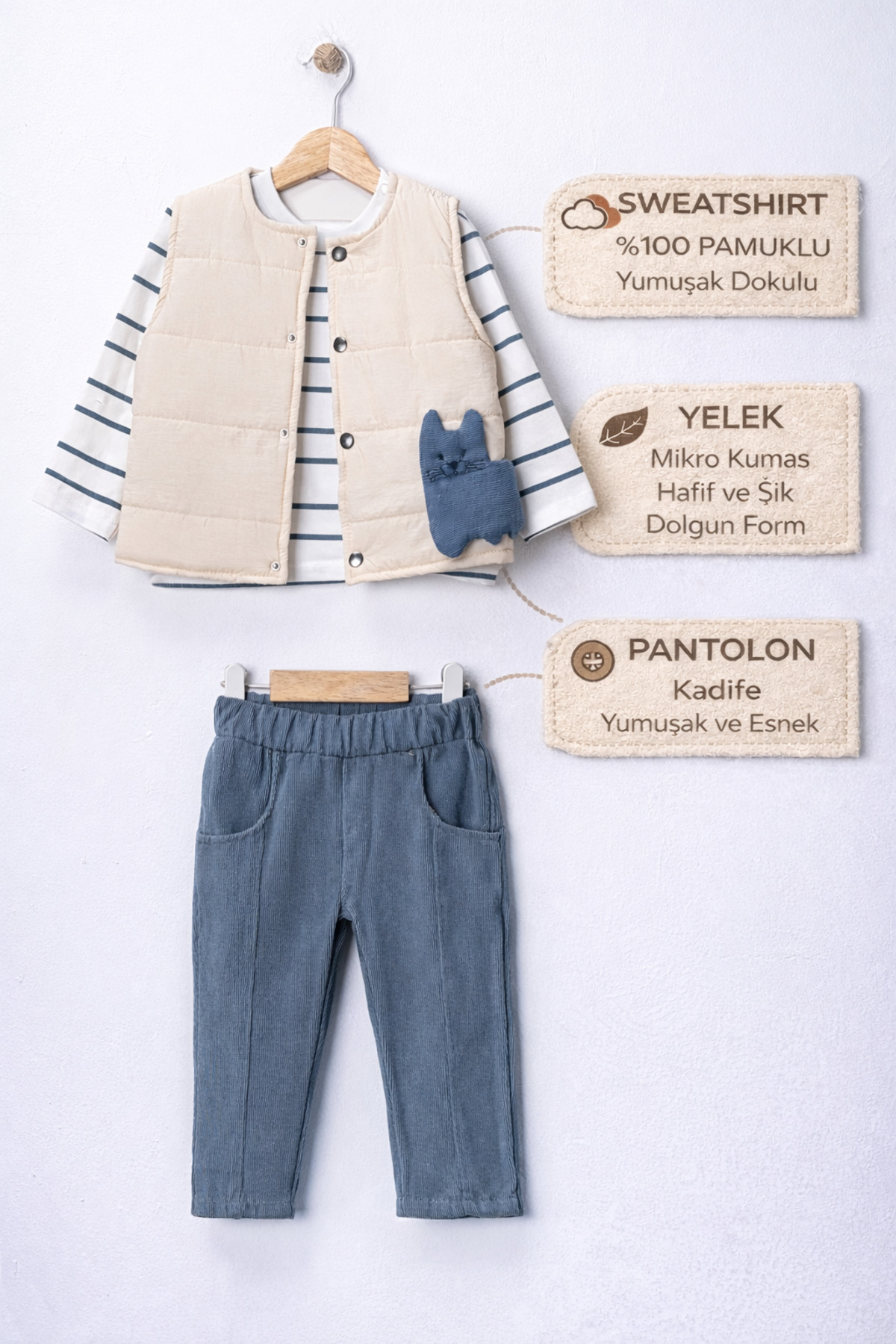 HARİKA KİDS Erkek Bebek 3’lü Takım 9-24 Ay Şişme Yelek %100 Pamuk Sweatshirt Kadife Pantolon fotoğrafı 2 (önizleme)