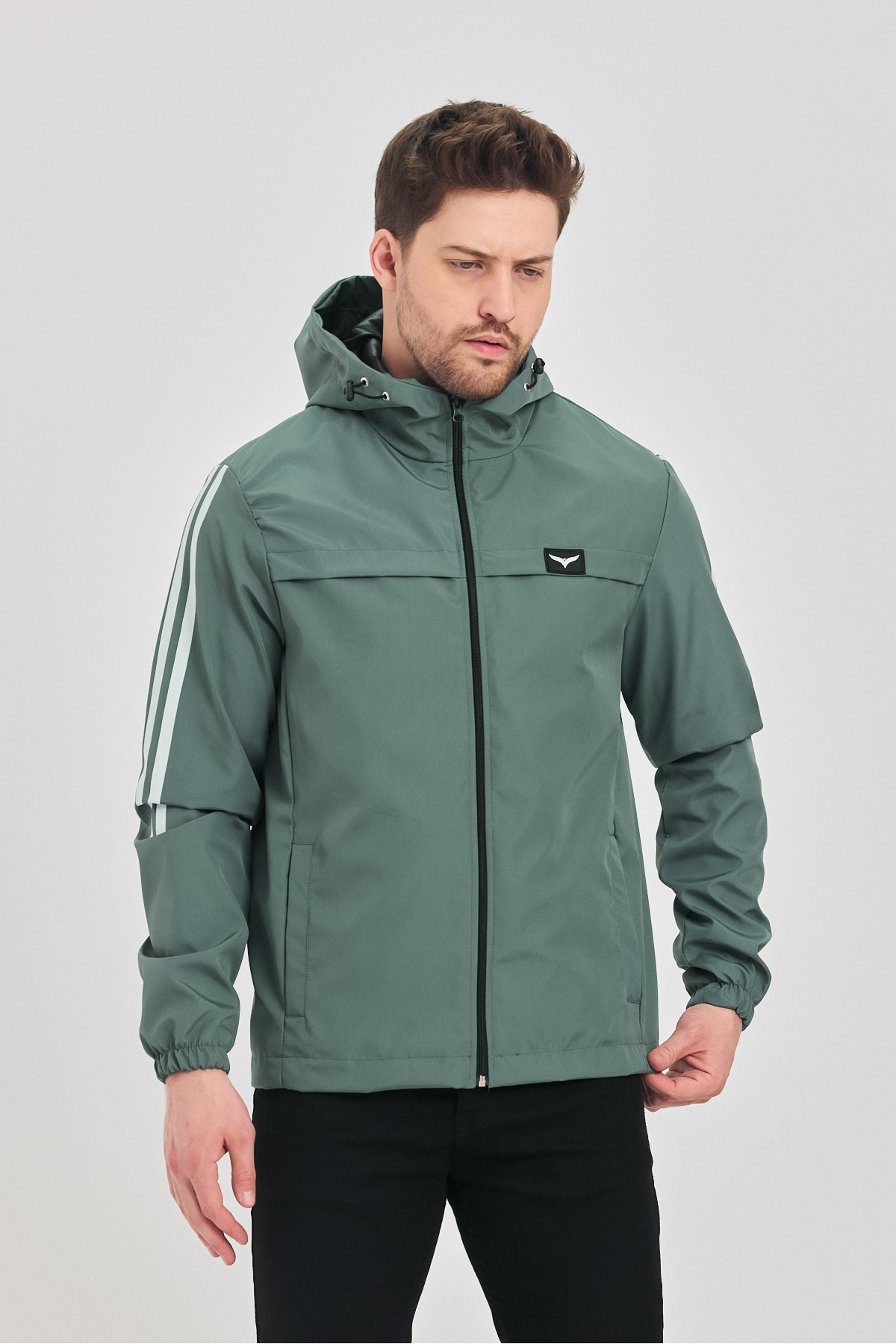LEVEL HİGH  Erkek Füme Yeşil Suya Ve Rüzgara Dayanaklı Kapüşonlu Yağmurluk Rüzgarlık - Görsel 2