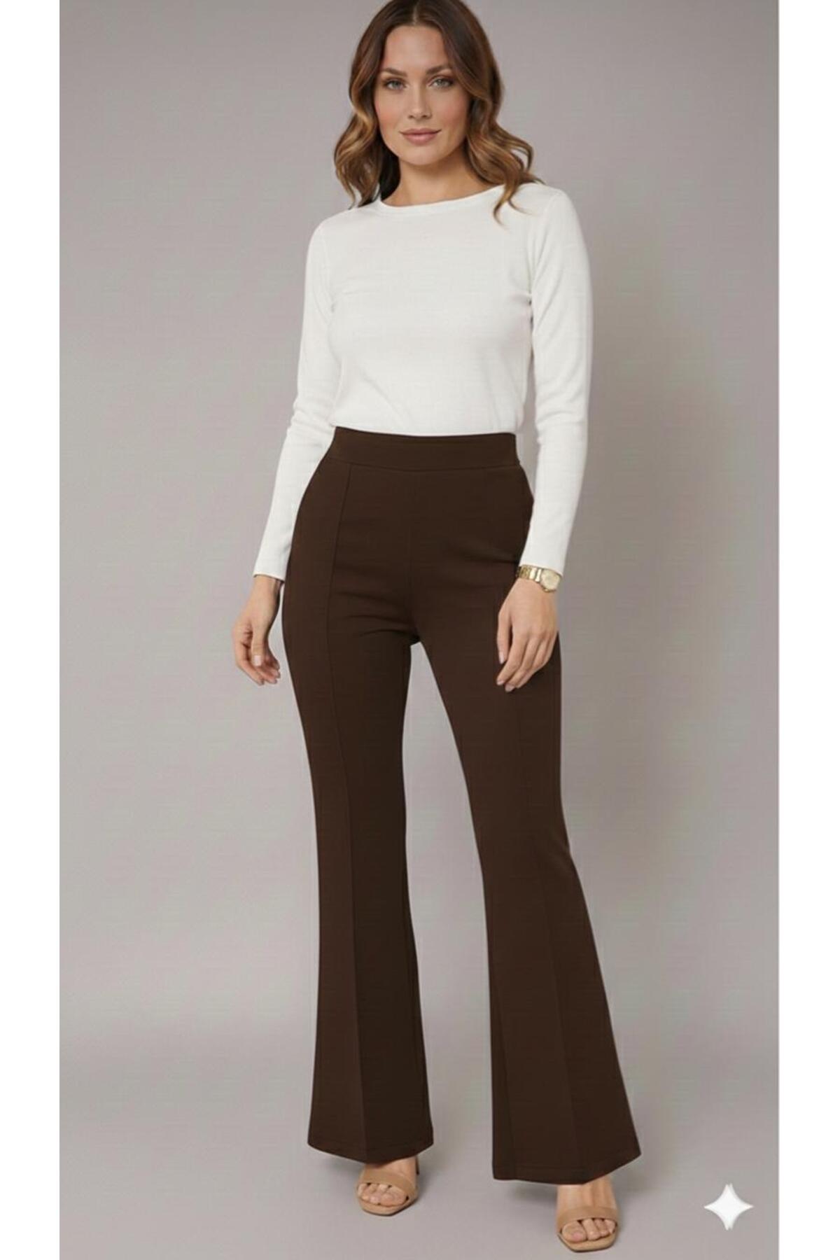 ECEYLÜL MODA  Kadın Siyah Yüksek Bel Çimalı İspanyol Paça Flare Pantolon - Toparlayıcı Esnek Kumaş - Görsel 2