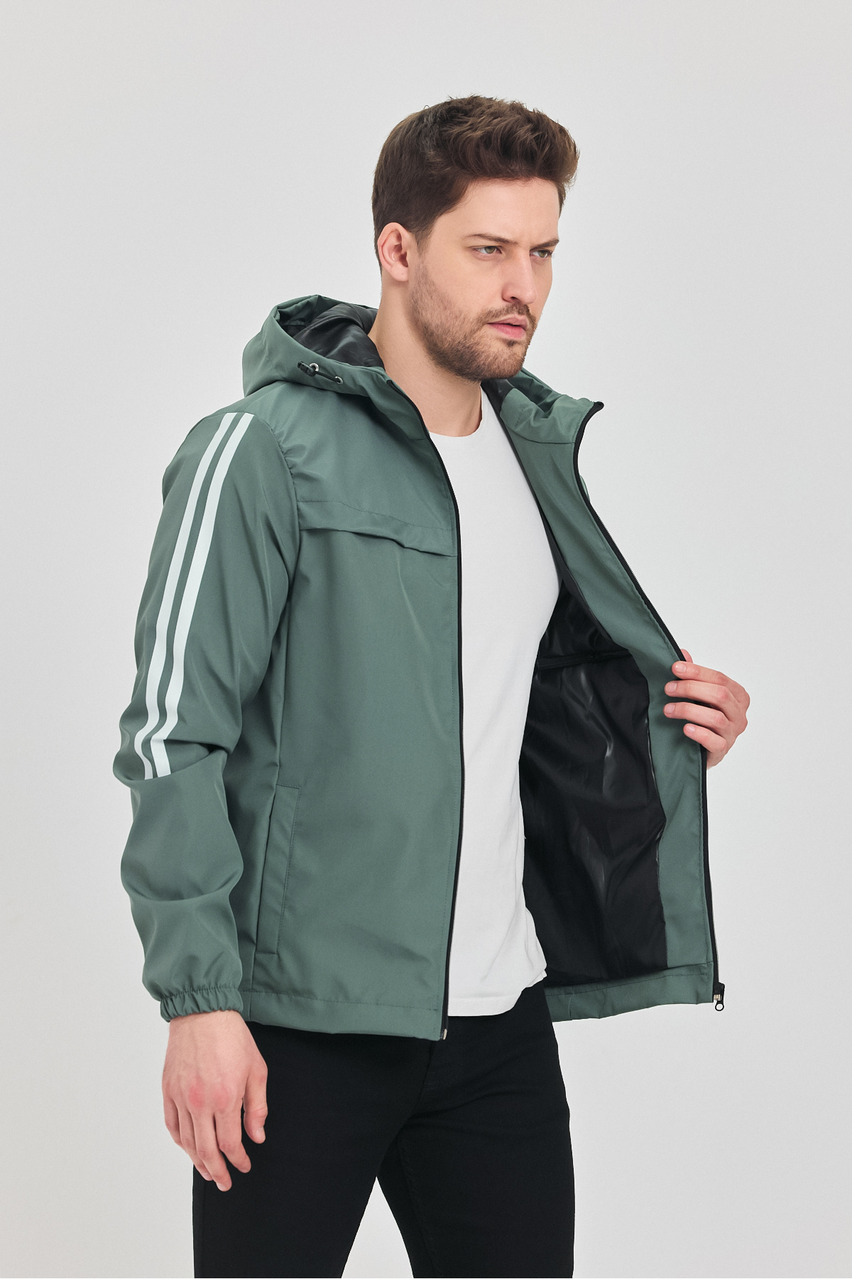 LEVEL HİGH  Erkek Füme Yeşil Suya Ve Rüzgara Dayanaklı Kapüşonlu Yağmurluk Rüzgarlık - Görsel 4