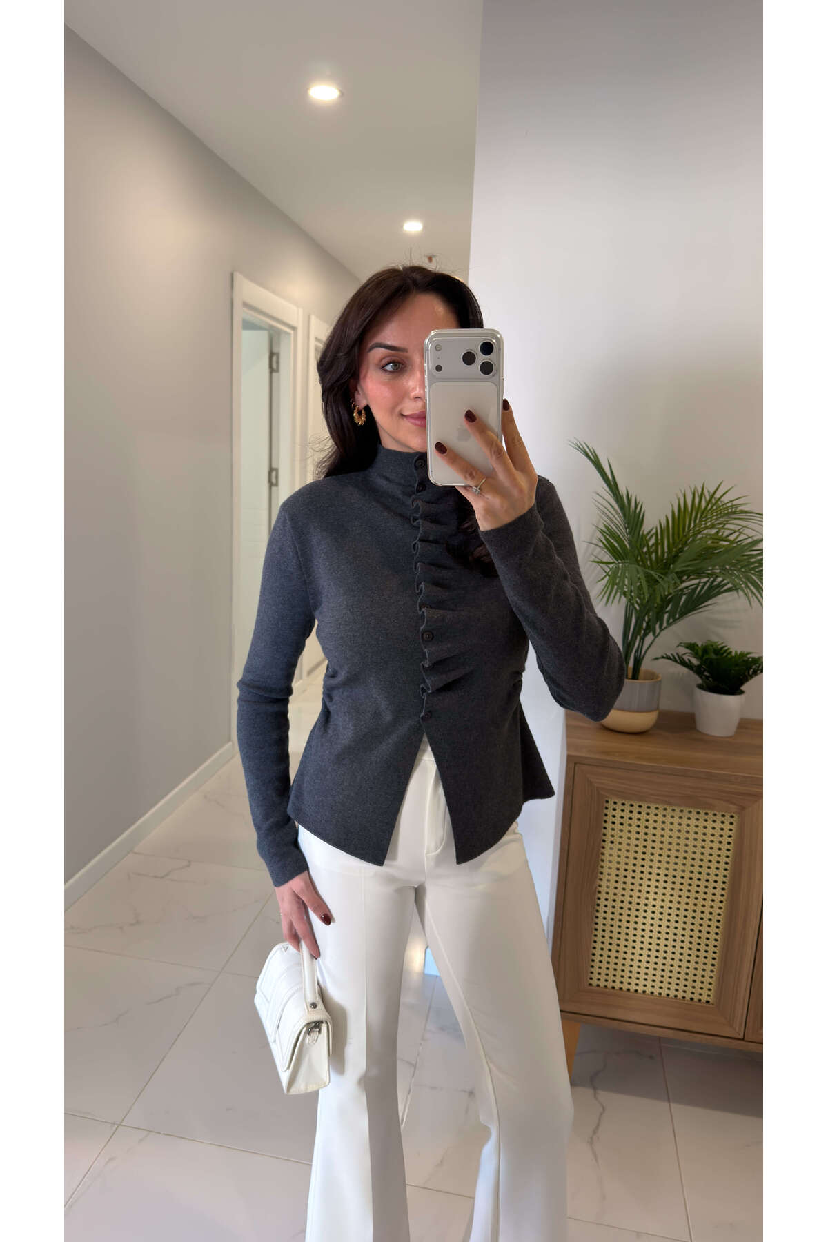 BİRCANÇİL  Cessil Antrasit Kendinden Büzgülü Hırka - Görsel 2