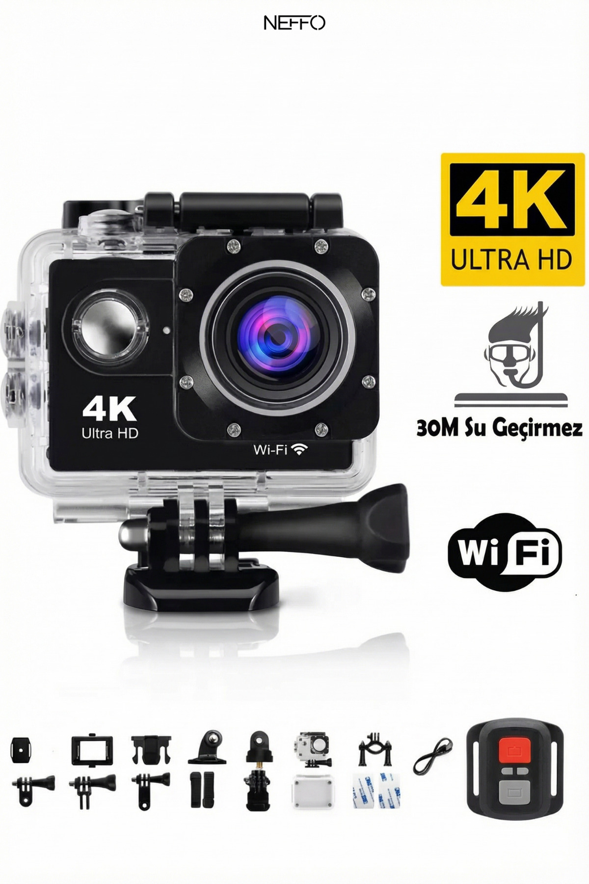 NEFFO Aksiyon Kamera Kumandalı 4K Ultra Hd 170 Derece Çekim Açısı Wifi Bağlantılı Aksiyon Kamera 4K 30 Fps