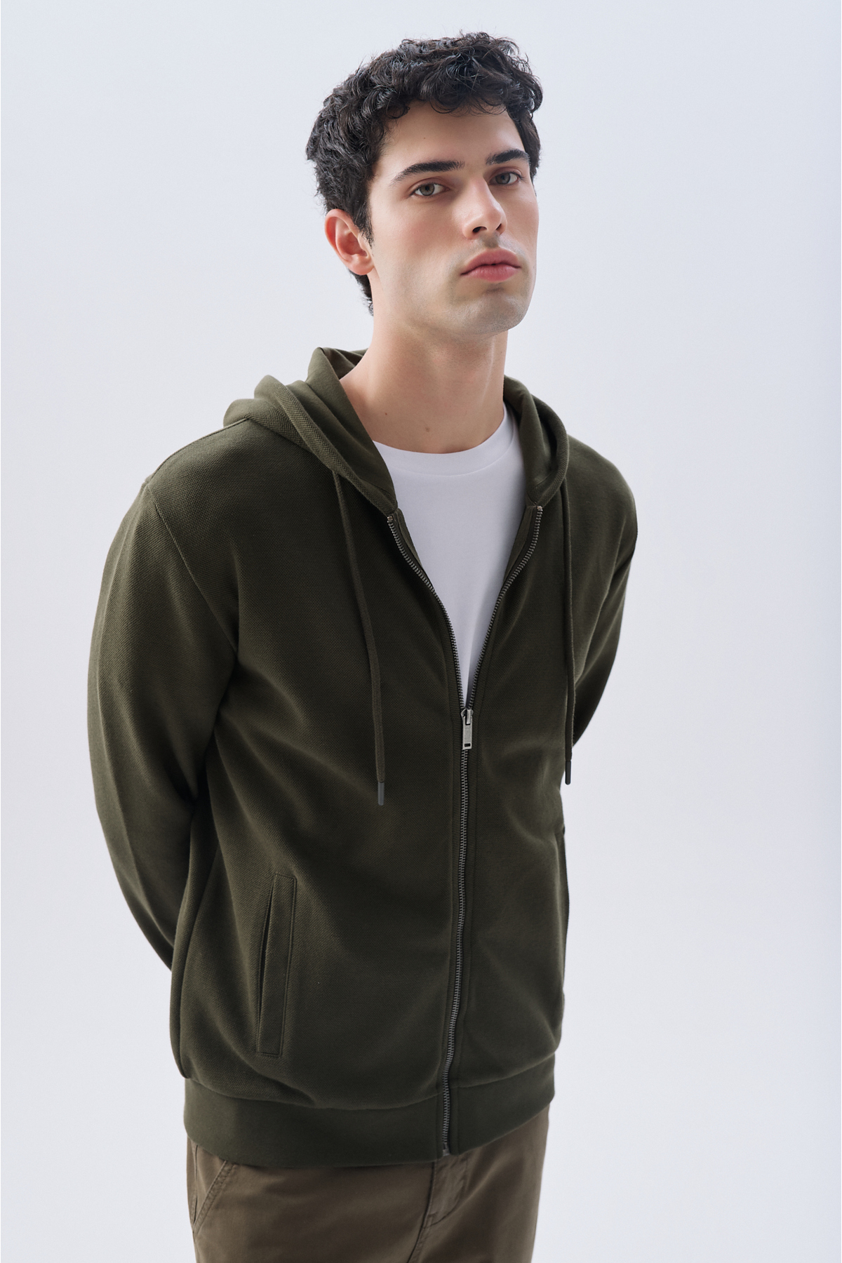 Mudo Erkek Haki Comfort Fit Fermuarlı Kapüşonlu Sweatshirt görsel 3