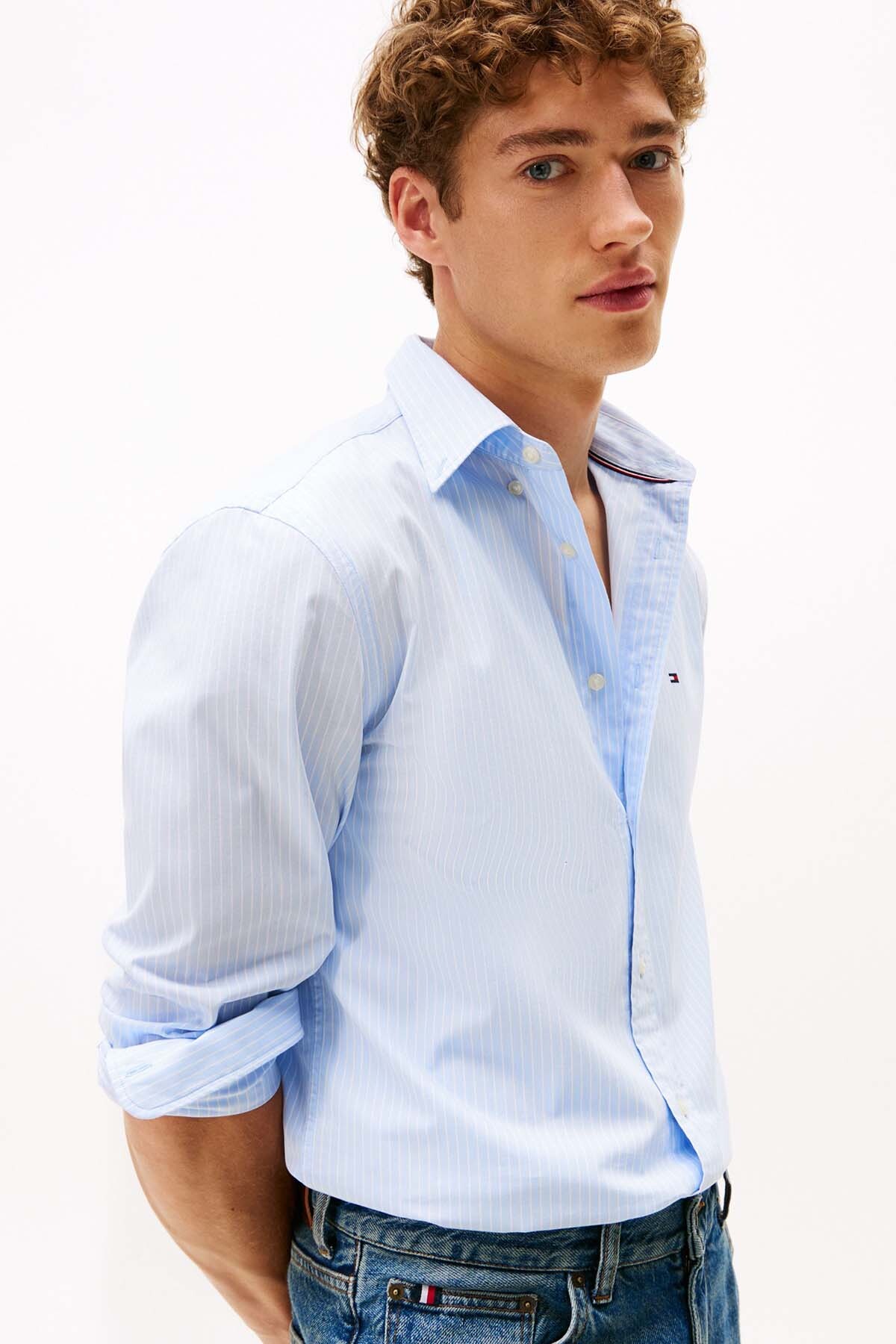 Tommy Hilfiger  Erkek TH Flex Regular Fit Poplin Gömlek - Açık Mavi - Görsel 4