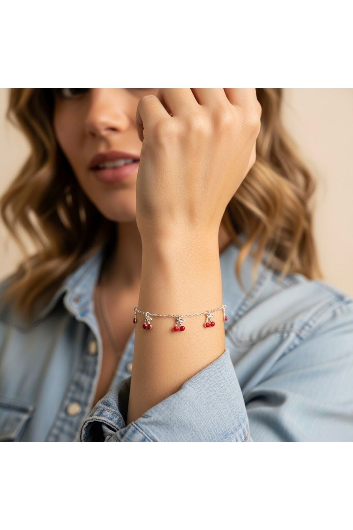 Women's Red Enameled Cherry Dangle Minimal Bracelet Steel