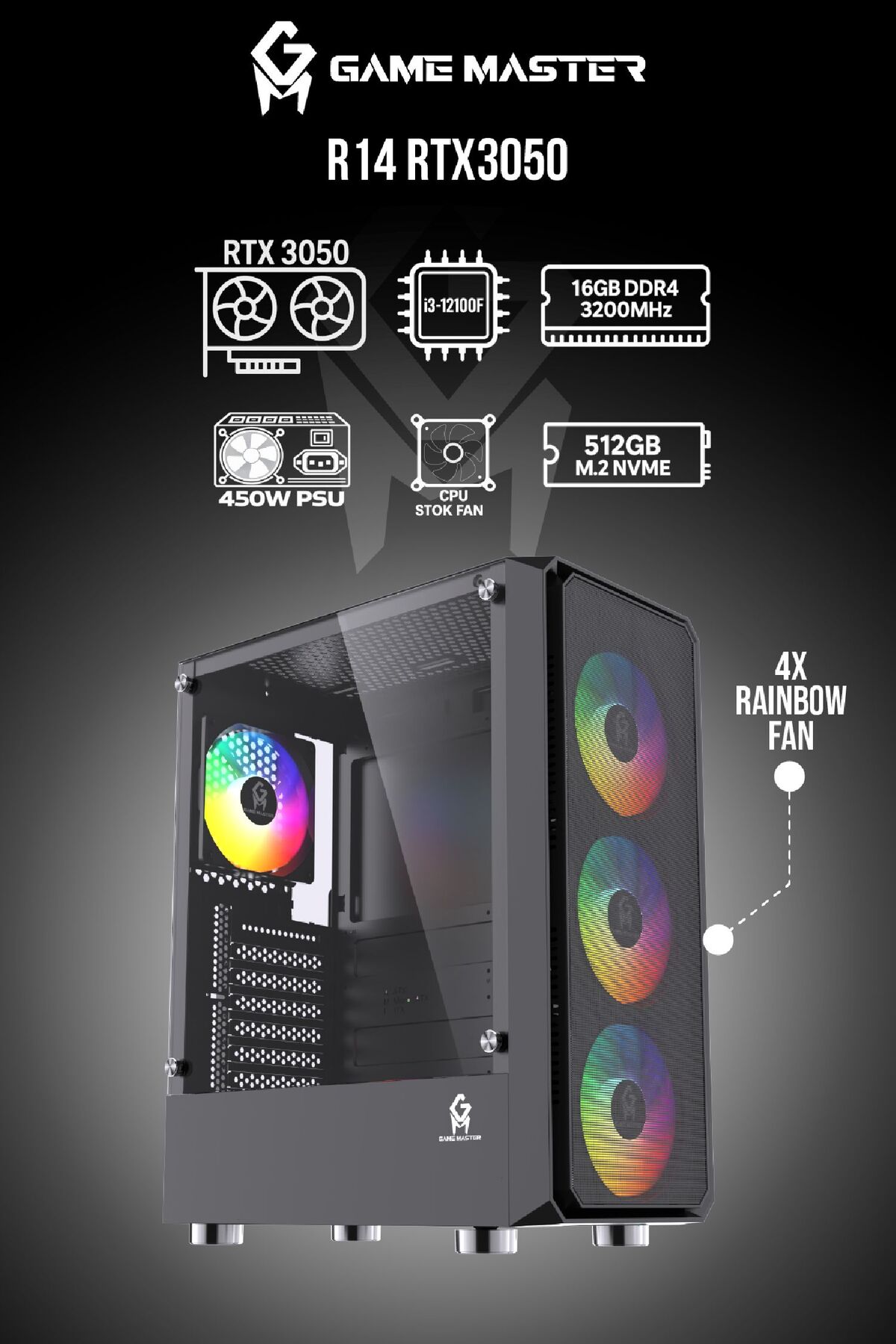 GM Game Master RTX 3050 ATX Hazır Gaming PC R14 16GB RAM 512GB M2 SSD i3 12100F Oyuncu Kasa