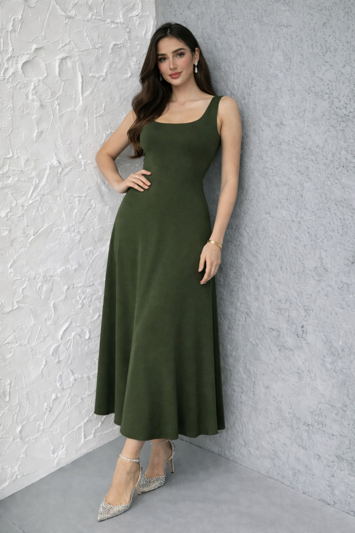 Women's Khaki Soft Touch Fabric Front Back Square Neck Dress