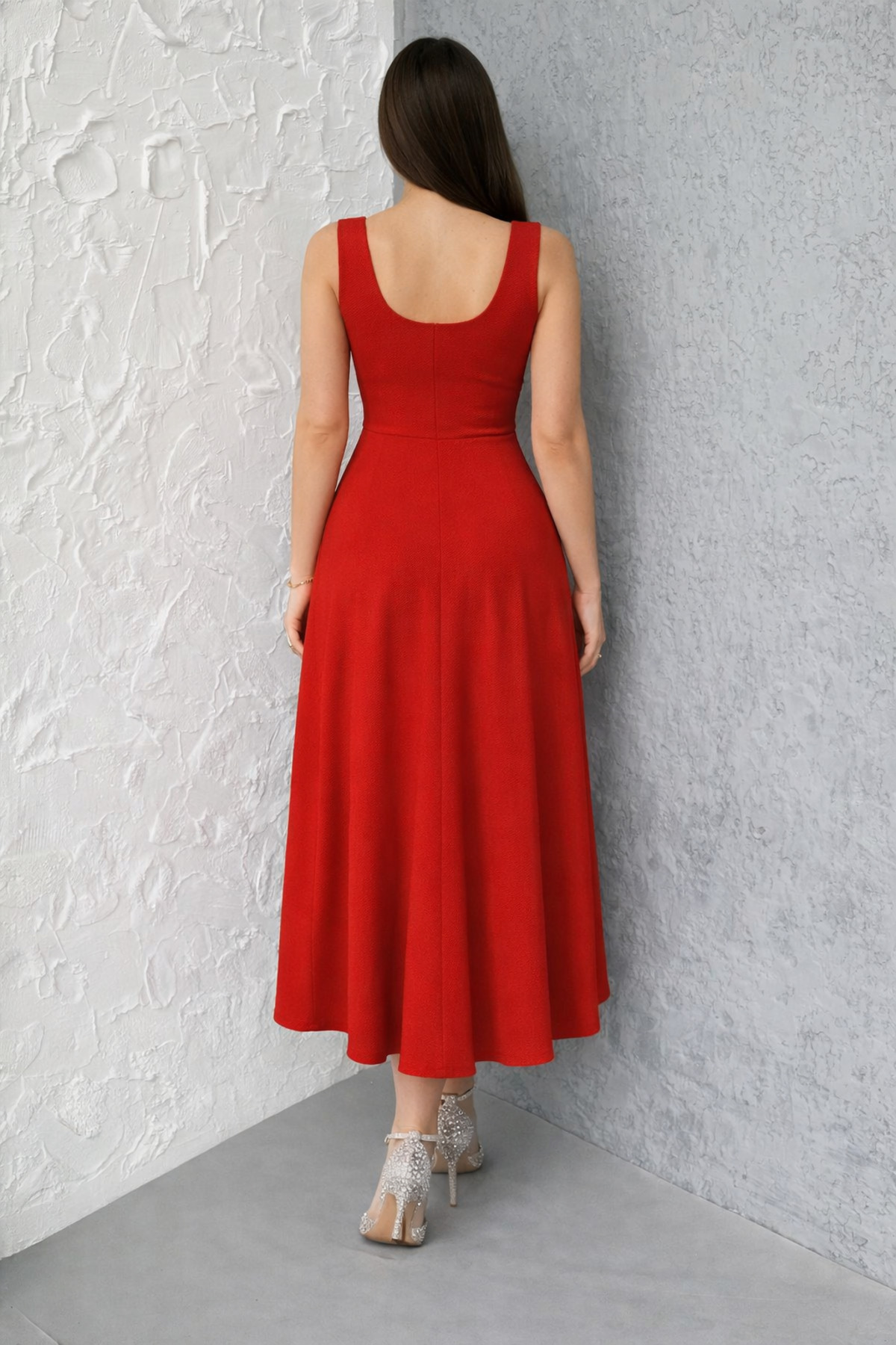 modavingo  Kadın Kırmızı Soft Touch Kumaş Ön Arka Kare Yaka Elbise - Görsel 3