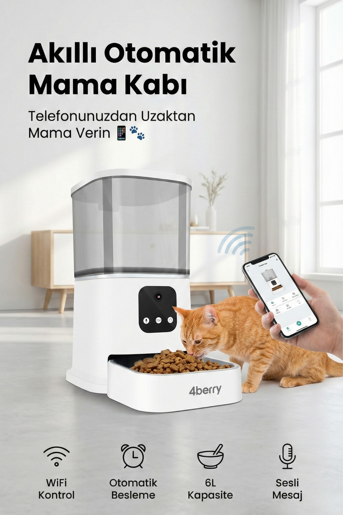 4 Berry Otomatik Mama Kabı WiFi Kontrollü 6L – Akıllı Kedi & Köpek Mama Makinesi fotoğrafı 7 (önizleme)