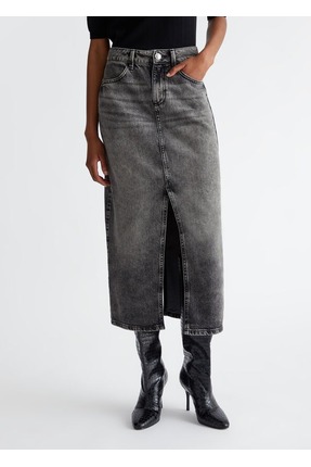 liu.jo Gri Denim Yırtmaçlı Kadın Midi Etek