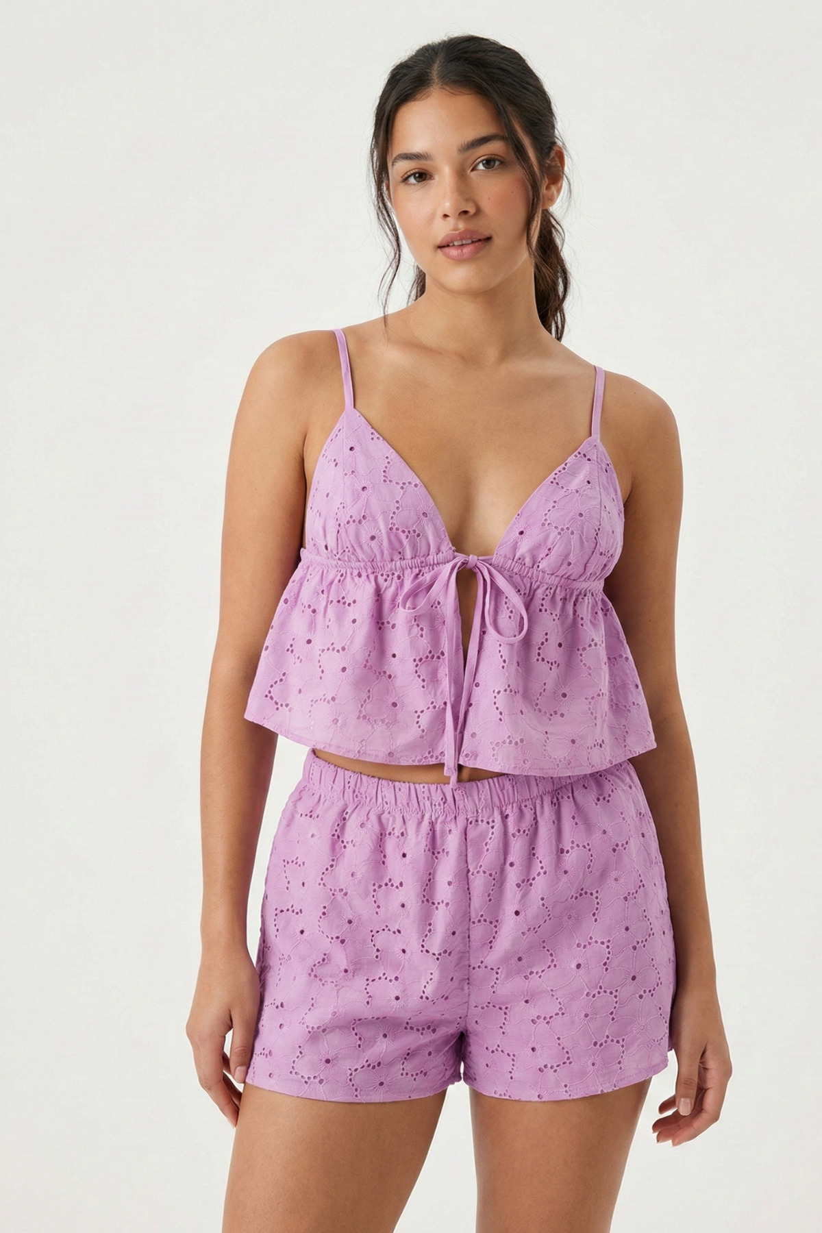 Kadın Lila Astarlı Kendinden Desenli Dokuma Şortlu Pijama Takımı - Mor