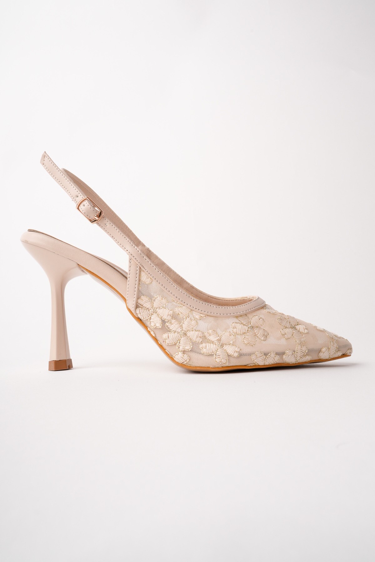Muggo  ARİS Dantel Detaylı Sivri Burun Arkası Açık İnce Topuklu Kadın Abiye Ayakkabı - Görsel 6