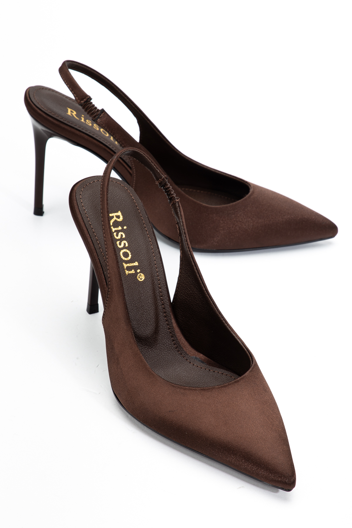 RİSSOLİ  Kadın Kahve Saten Sivri Burun Arkası Açık Bilekten Lastikli Günlük Klasik Topuklu Ayakkabı - Görsel 3
