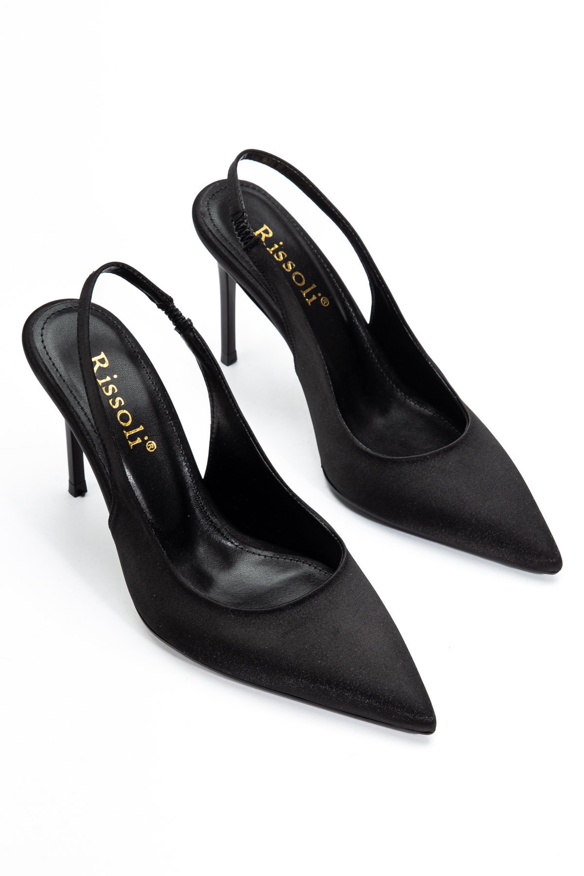 RİSSOLİ  Kadın Siyah Saten Sivri Burun Arkası Açık Bilekten Lastikli Günlük Klasik Topuklu Ayakkabı