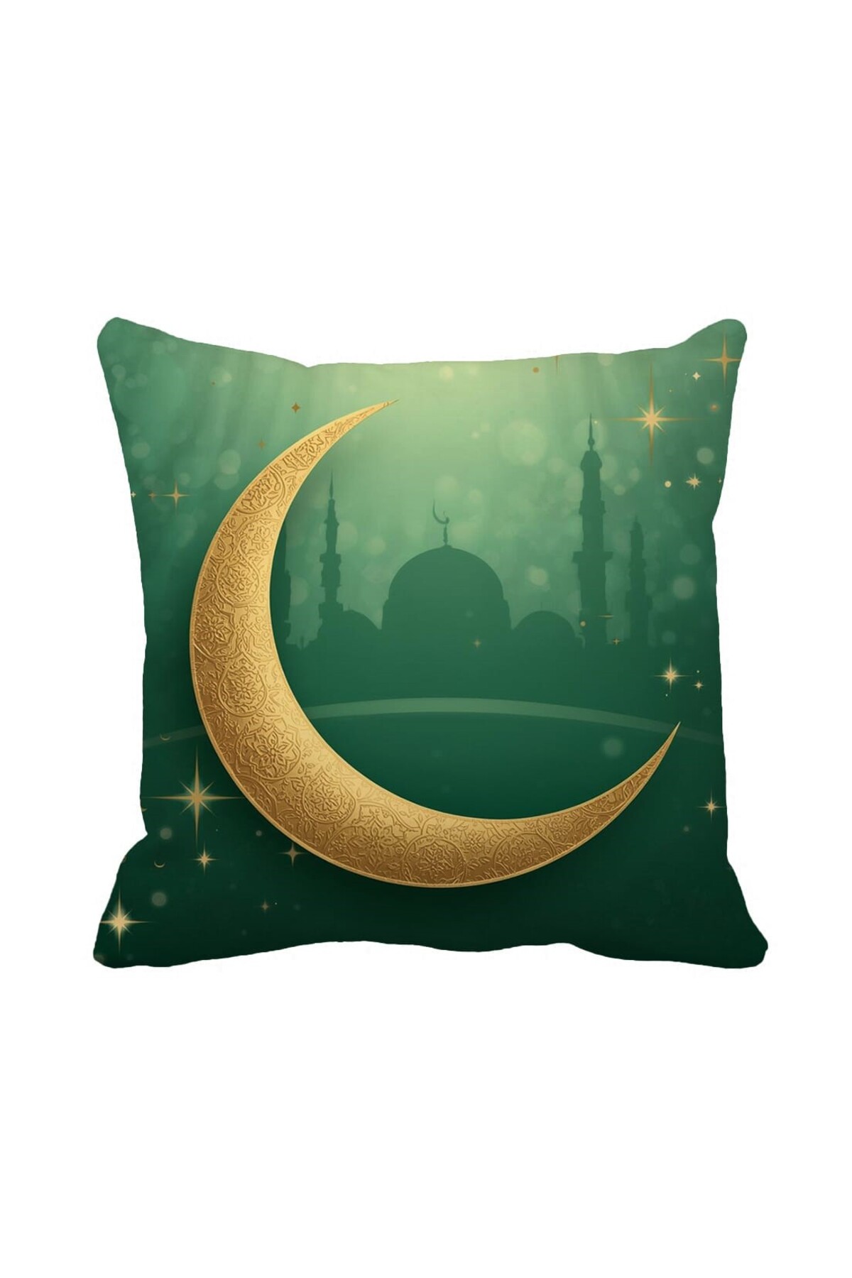 Ramadan Pillow Case with Emerald Gold Moon and Mosque Pattern - Stylish Islamic Home Decor Double Sided