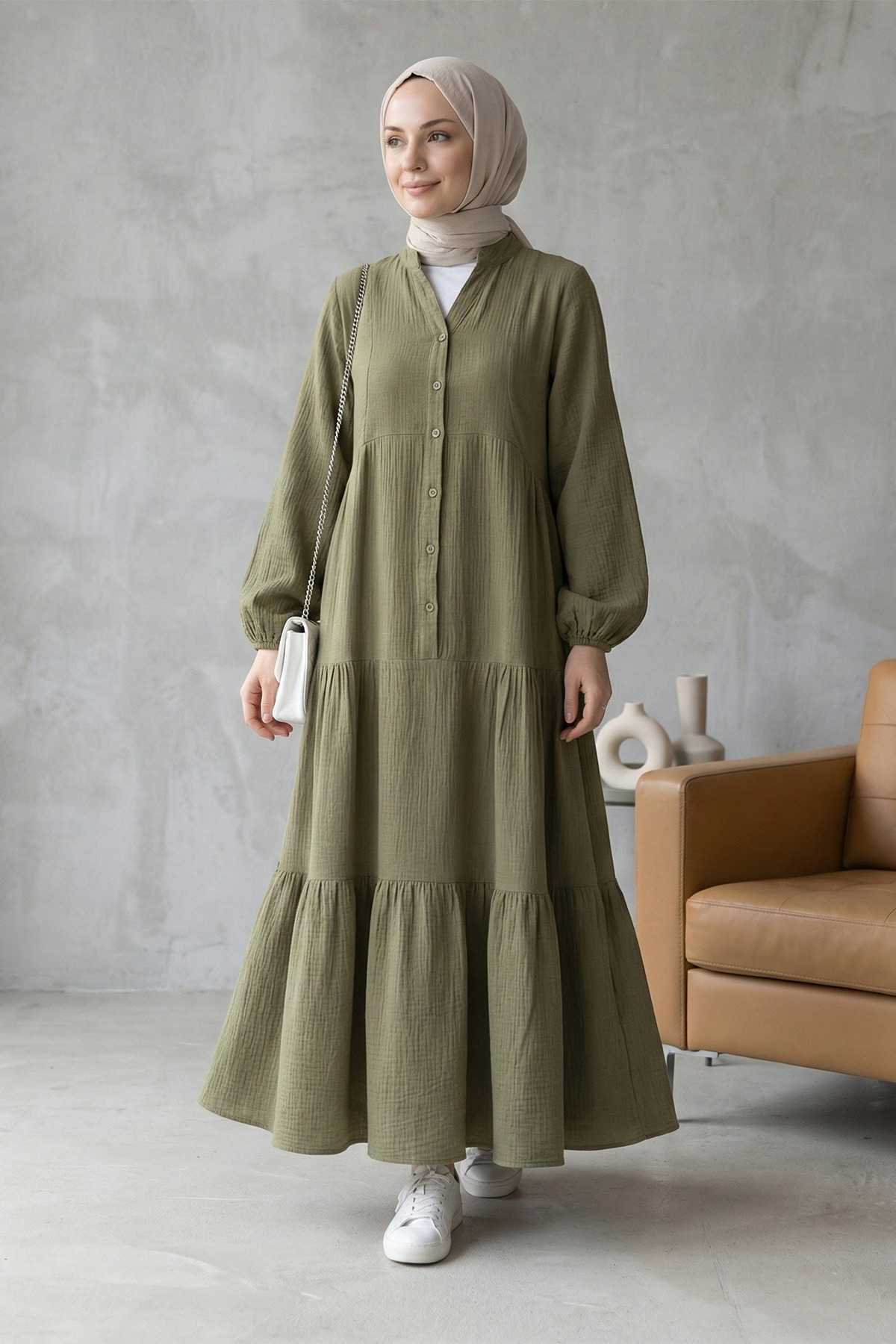 Women's Half Button Sleeve Elastic Piece Muslin Fabric Dress - Khaki