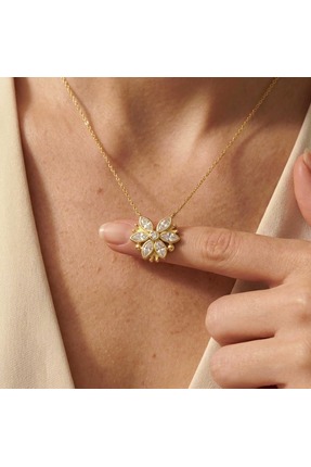 RAME 925 Ayar Gümüş Mıknatıslı Çiçek Figürlü Altın Renk Kolye