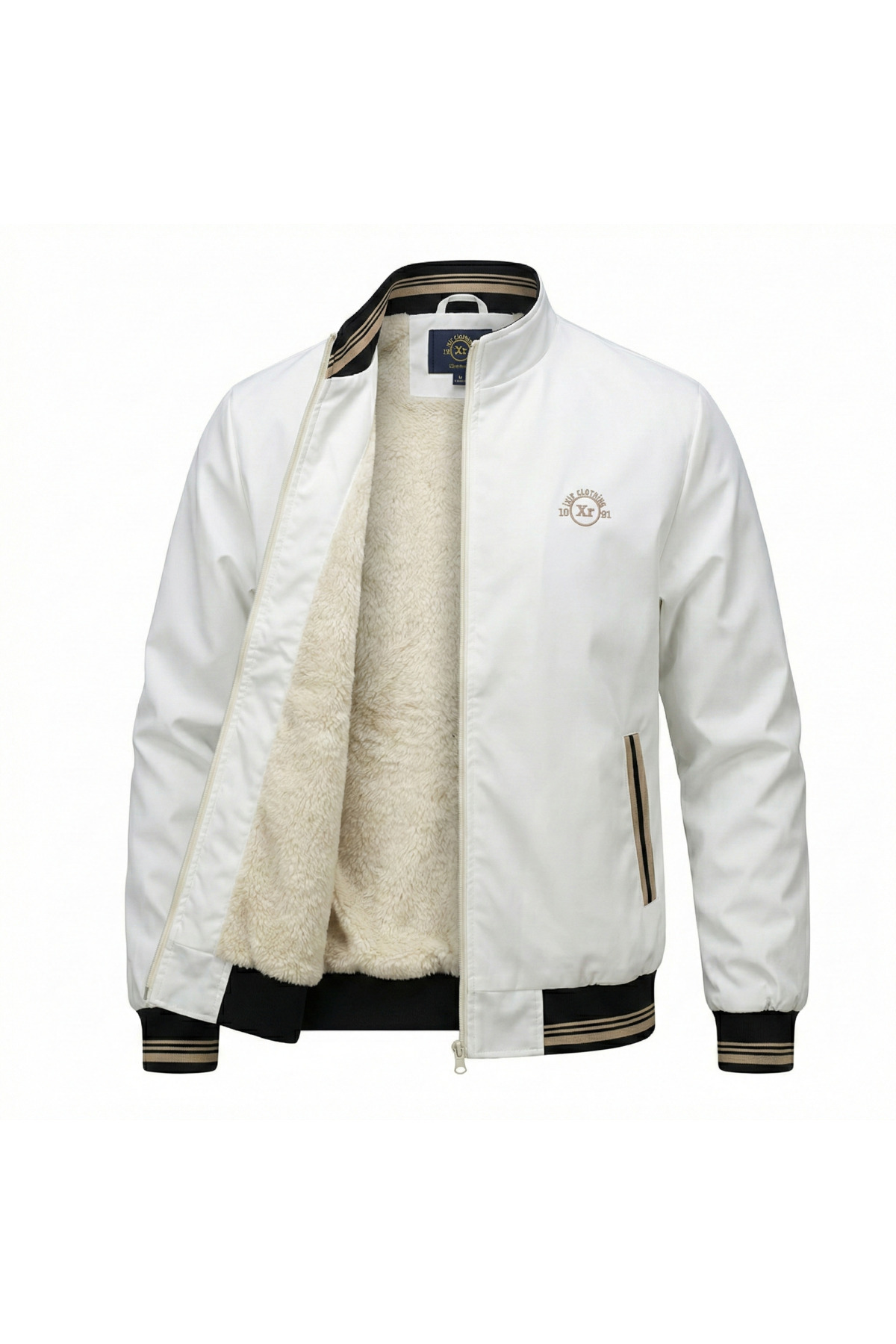 ixir  İçi Kürklü Nakış Armalı Mevsimlik Erkek Mont & Ceket Bej & Kırık Beyaz