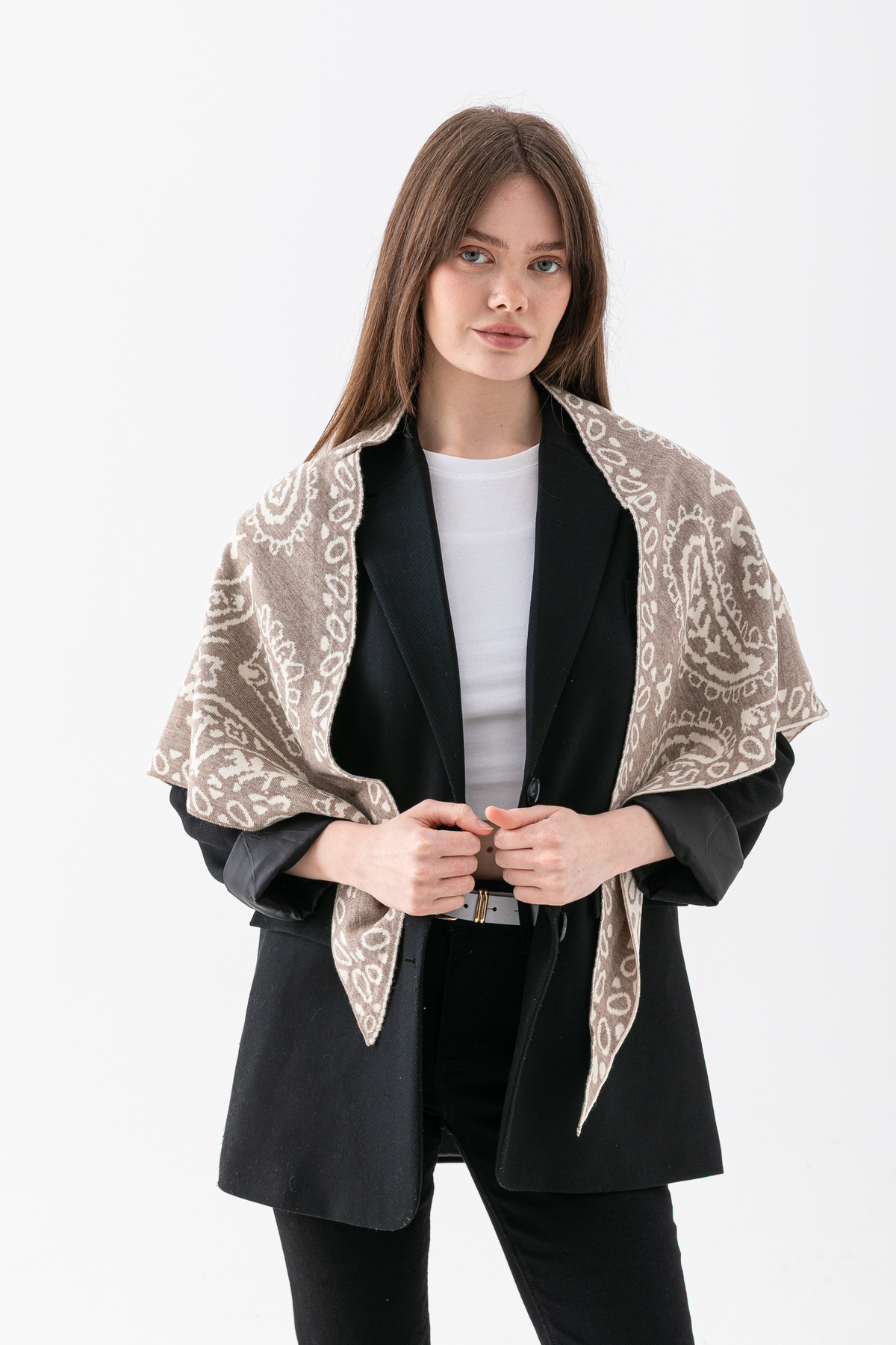 Wega Moda  Kadın Üçgen Desenli Çift Yönlü Triko Şal - Görsel 2