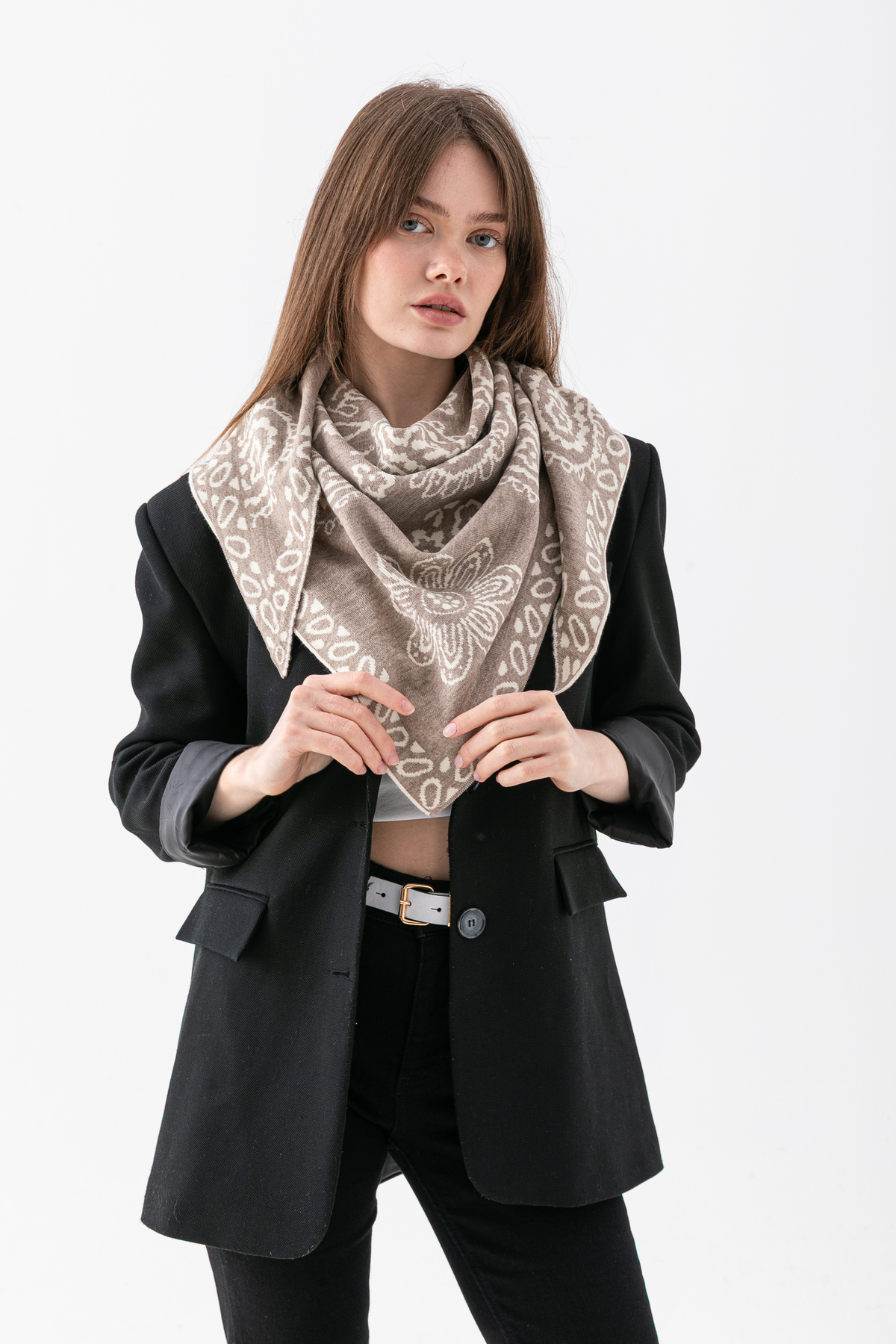 Wega Moda  Kadın Üçgen Desenli Çift Yönlü Triko Şal - Görsel 8