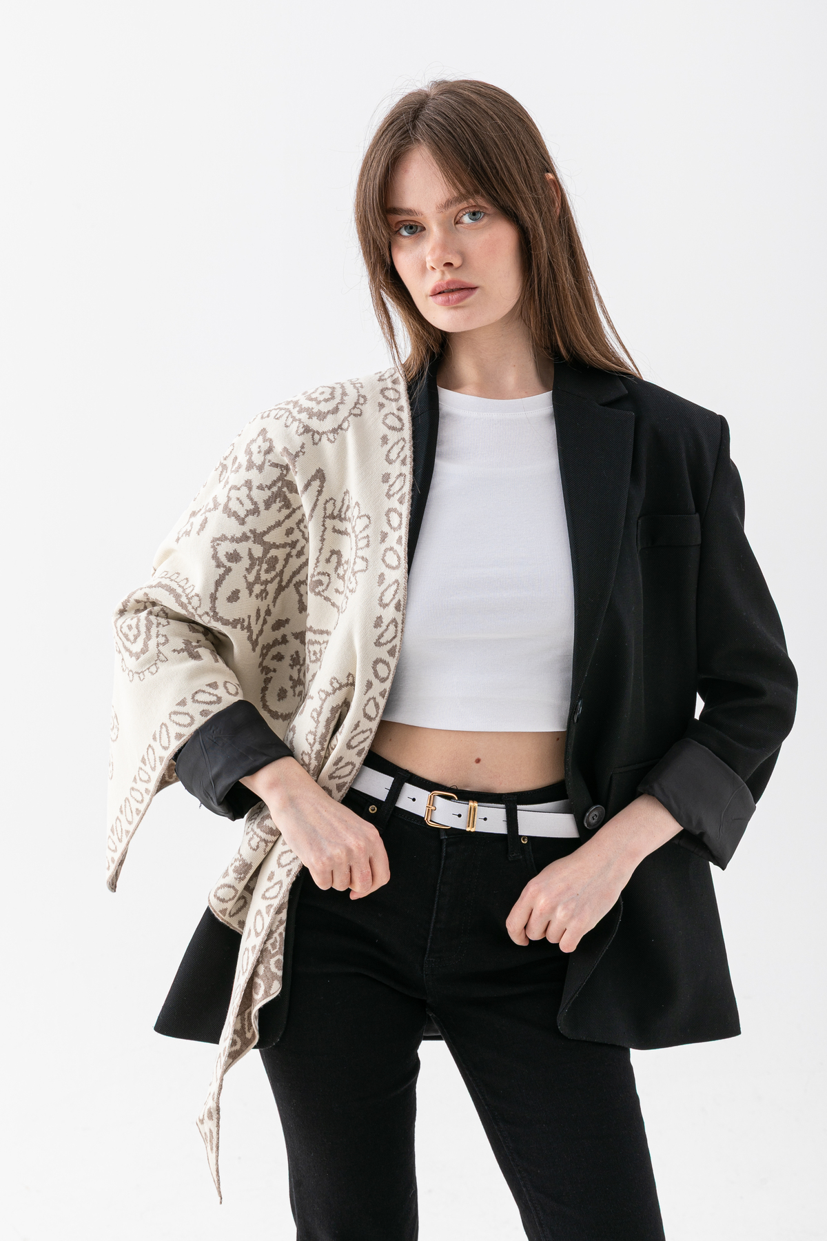 Wega Moda  Kadın Üçgen Desenli Çift Yönlü Triko Şal - Görsel 7